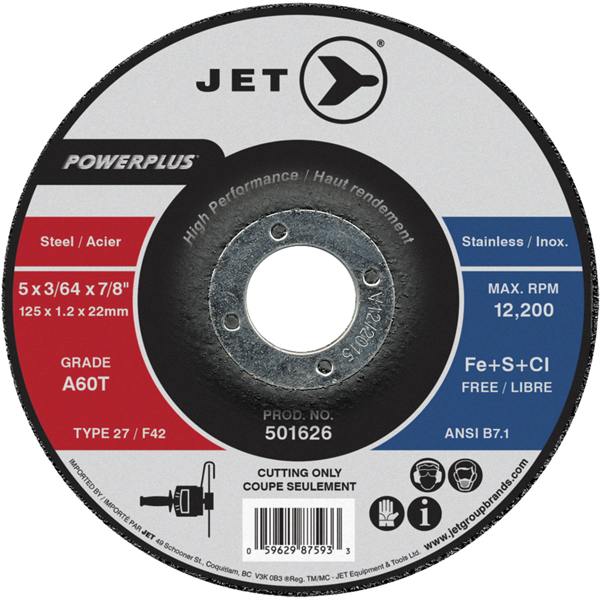 Meule à tronçonner PowerPlus A60T, 5" x 3/64", Arbre de 7/8", Type 27, 12 200 Tr/min
