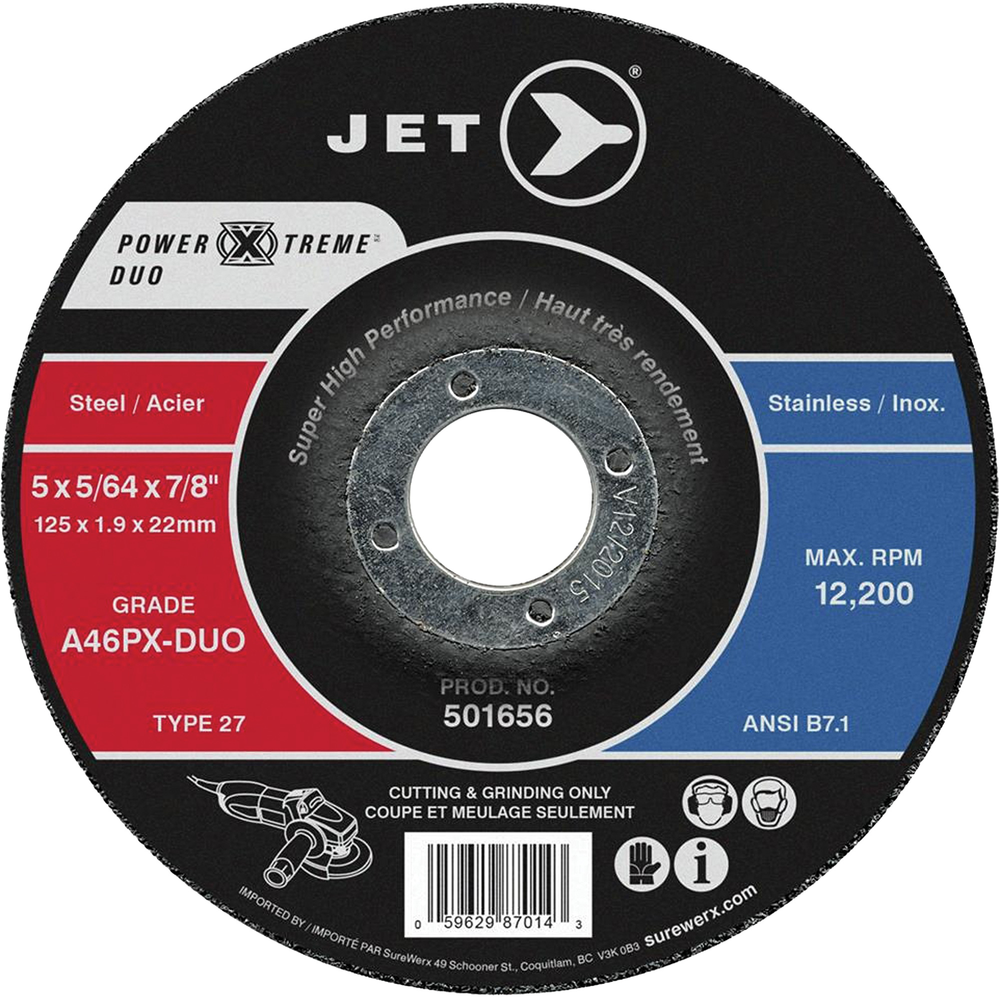 Meule pour coupe & meulage léger Power-Xtreme A46PX-DUO, 5" x 5/64", Arbre de 7/8", Type 27, 12 200 Tr/min