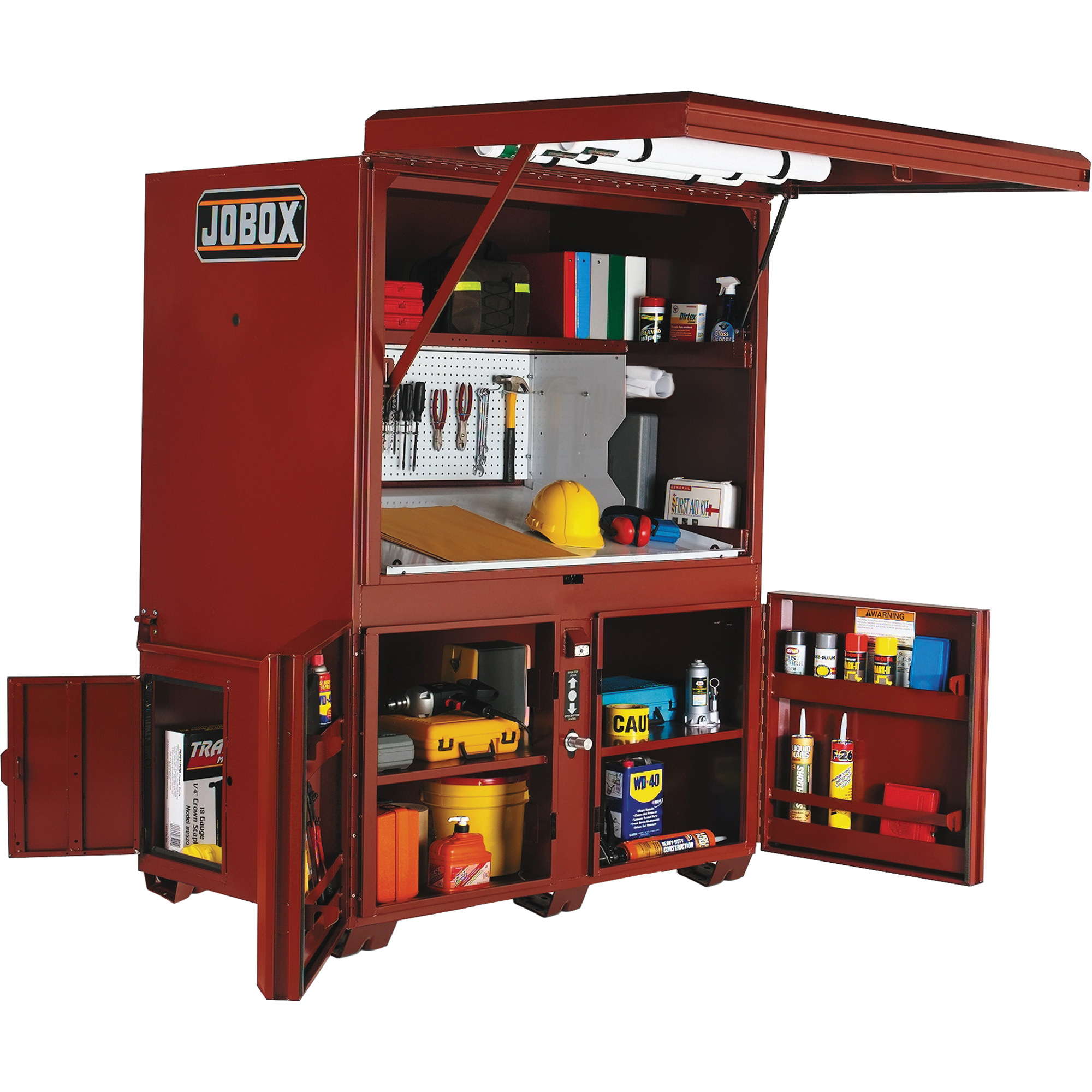 Coffre de chantier et surface de travail sur le terrain, 63" la x 42" p x 80" h, Acier, Rouge