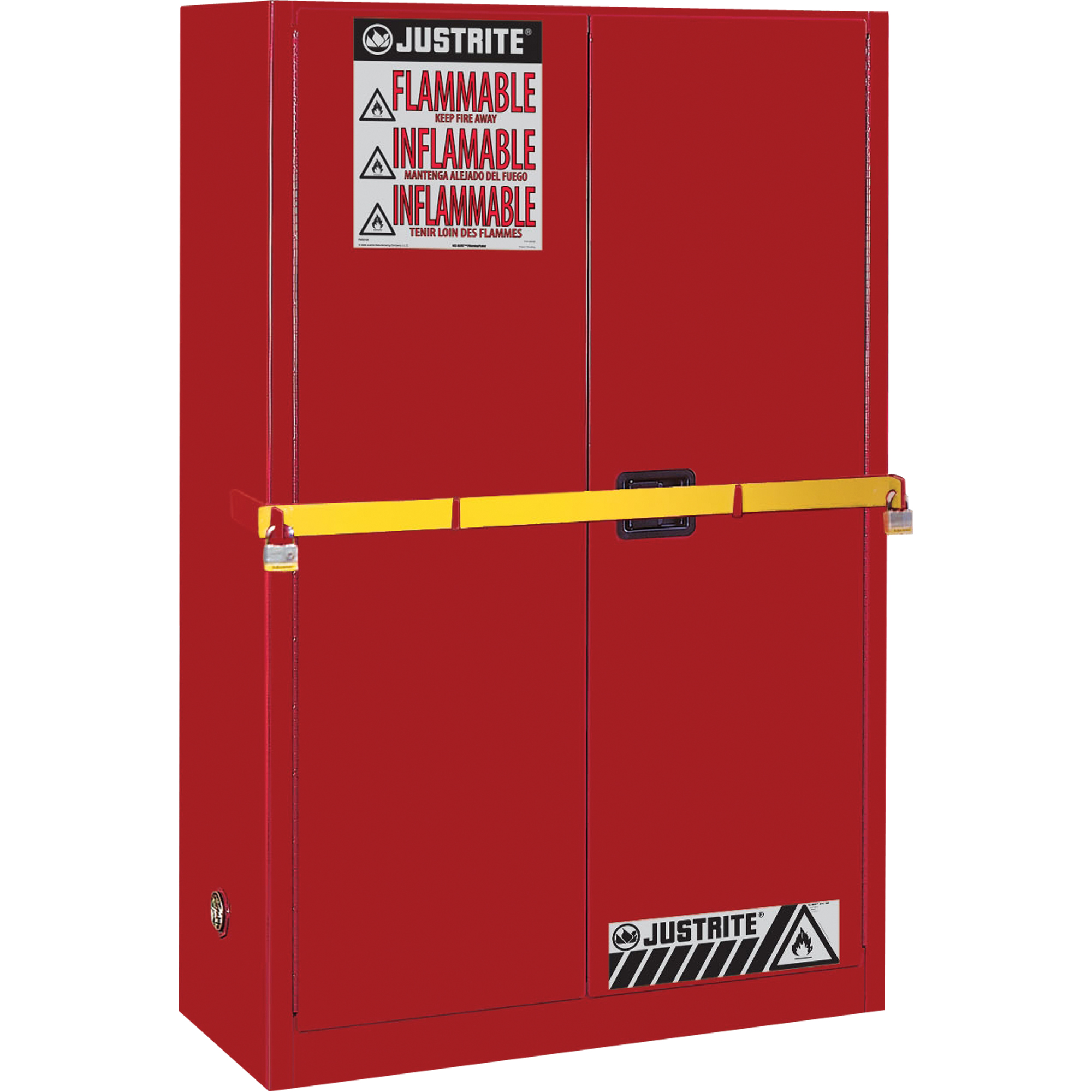 Armoire de rangement haute sécurité avec barre en acier pour produits inflammables, 45 gal., 2 tablettes