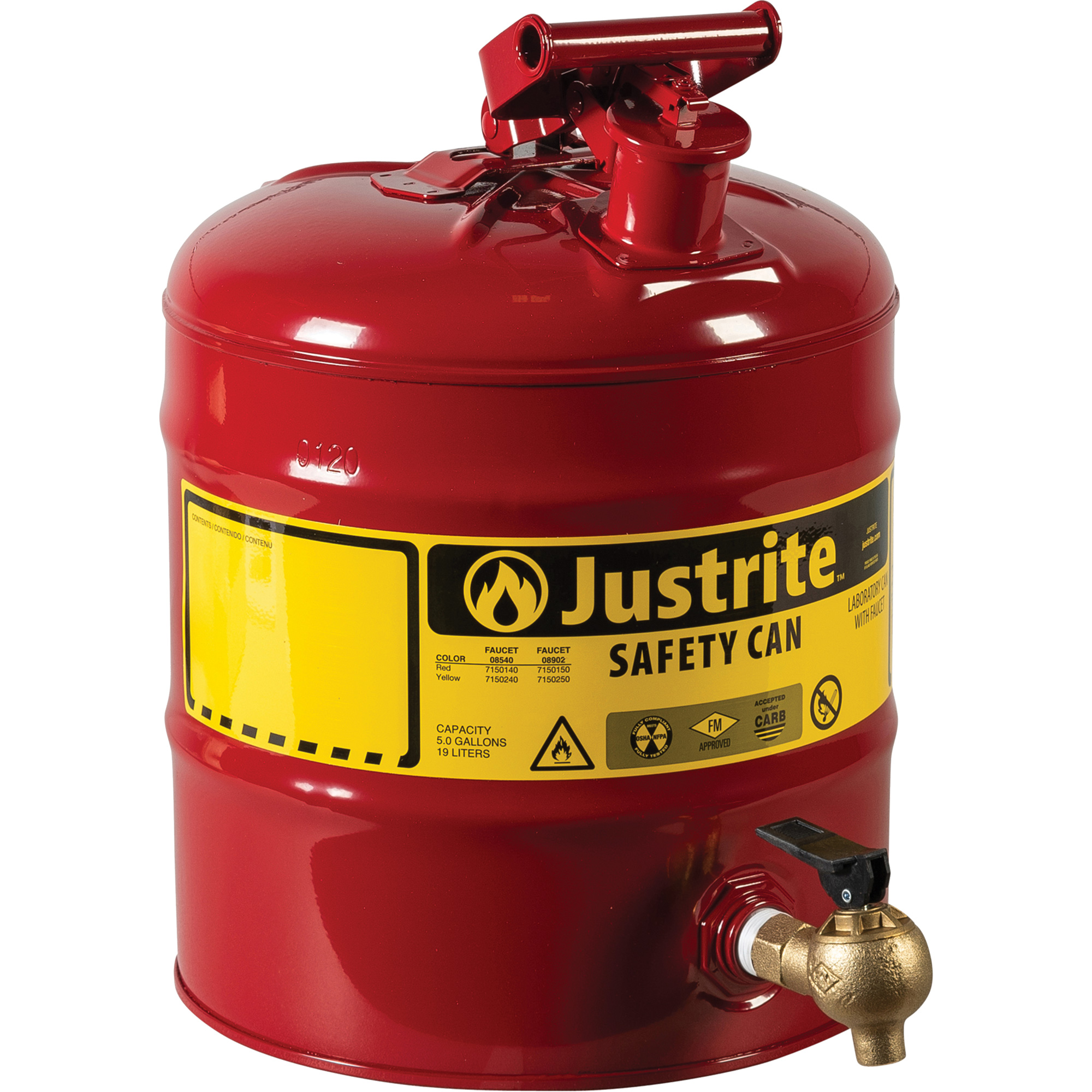 Bidon avec robinet sécuritaires pour laboratoires, Type I, Acier, 5 gal. US, Rouge, Homologué FM