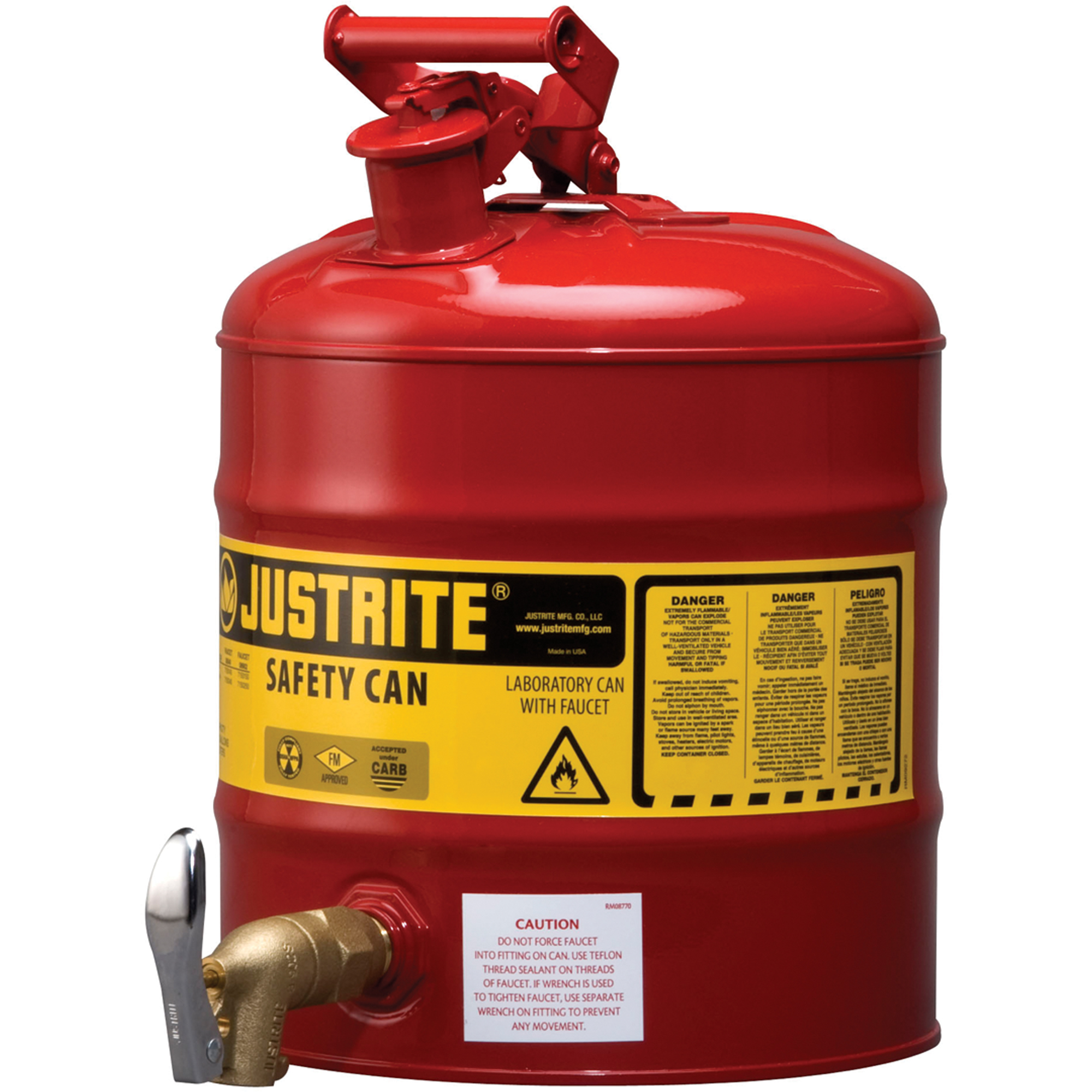 Bidon avec robinet sécuritaires pour laboratoires, Type I, Acier, 5 gal. US, Rouge, Homologué FM