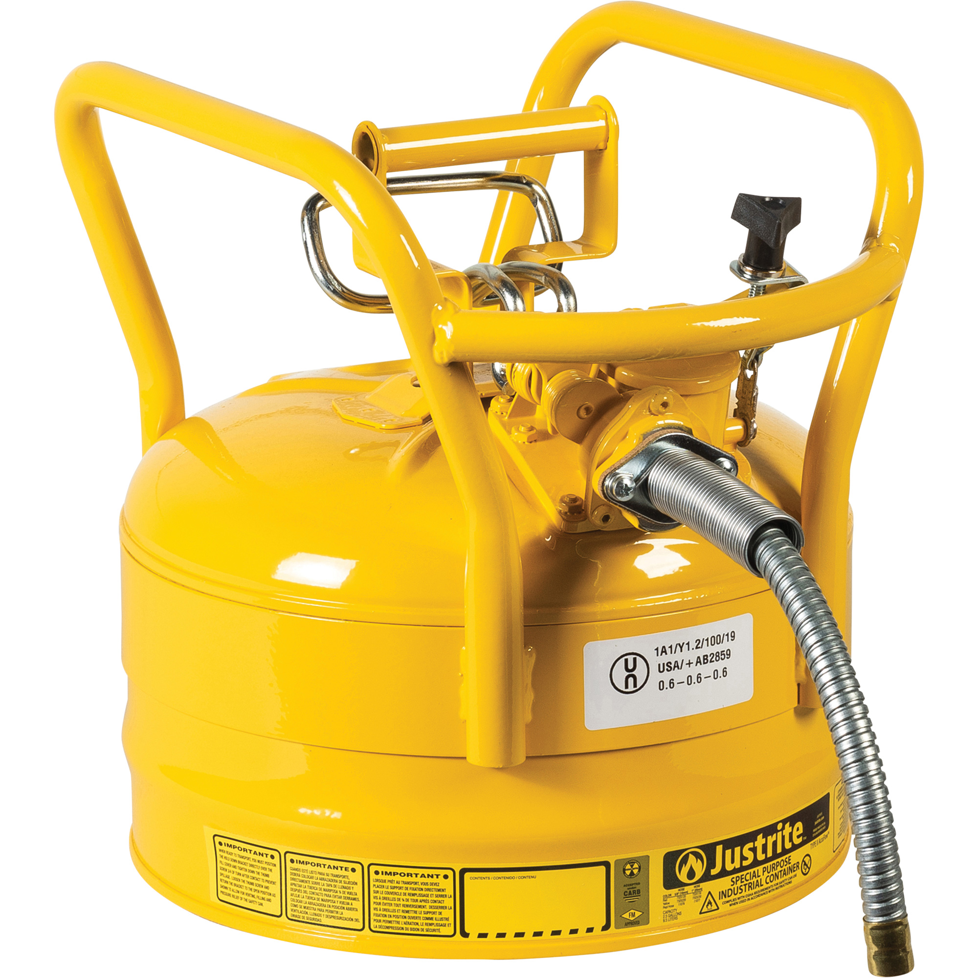 Bidons sécuritaires D.O.T. de AccuFlowMC, Type II, Acier, 2,5 gal. US, Jaune, Homologué FM