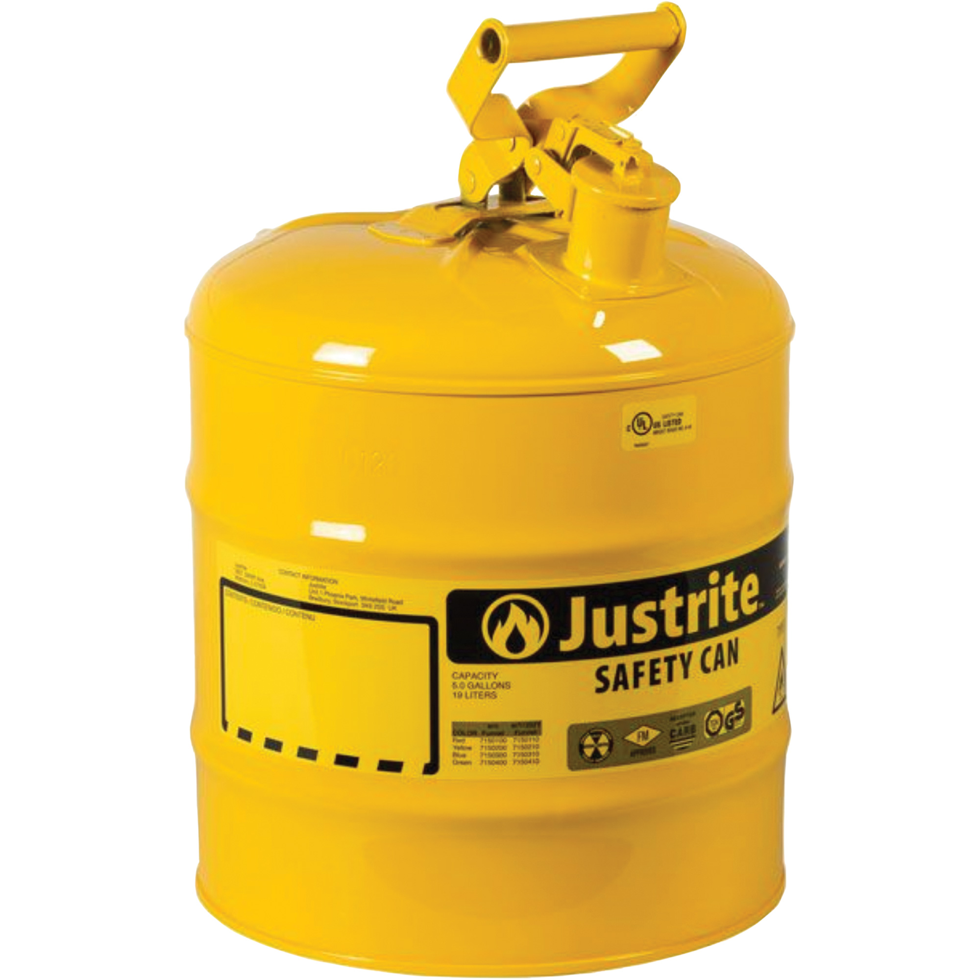 Bidons sécuritaires, Type I, Acier, 5 gal. US, Jaune, Homologué FM/Listé UL/ULC