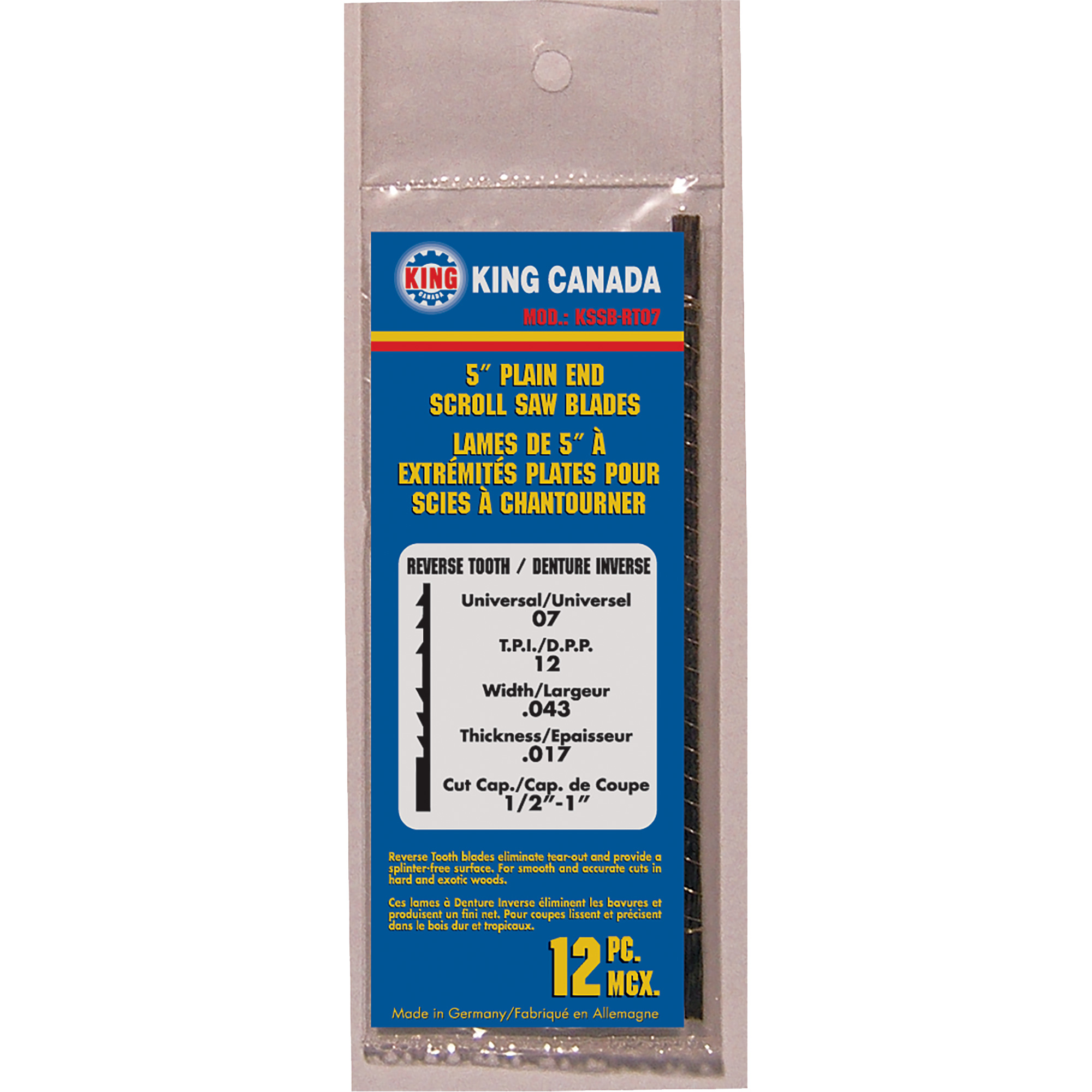 12 lames de scie à chantourner à dents inversées, Coupe spirale, 0,043" la x 5" lo, 12 dents par pouce