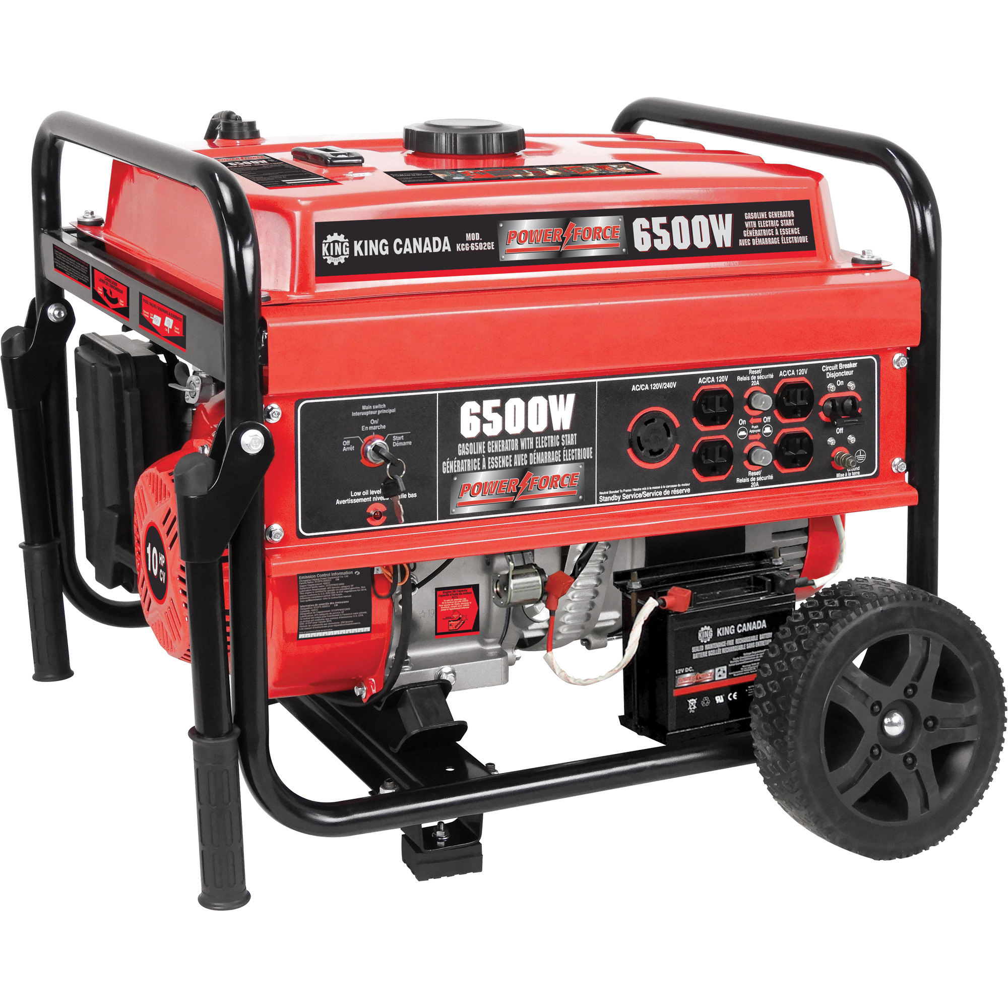Génératrice à essence à démarrage électrique avec ensemble de roues, 6500 W de surtension, 5000 W nominale, 120 V/240 V, Réservoir de 20 L