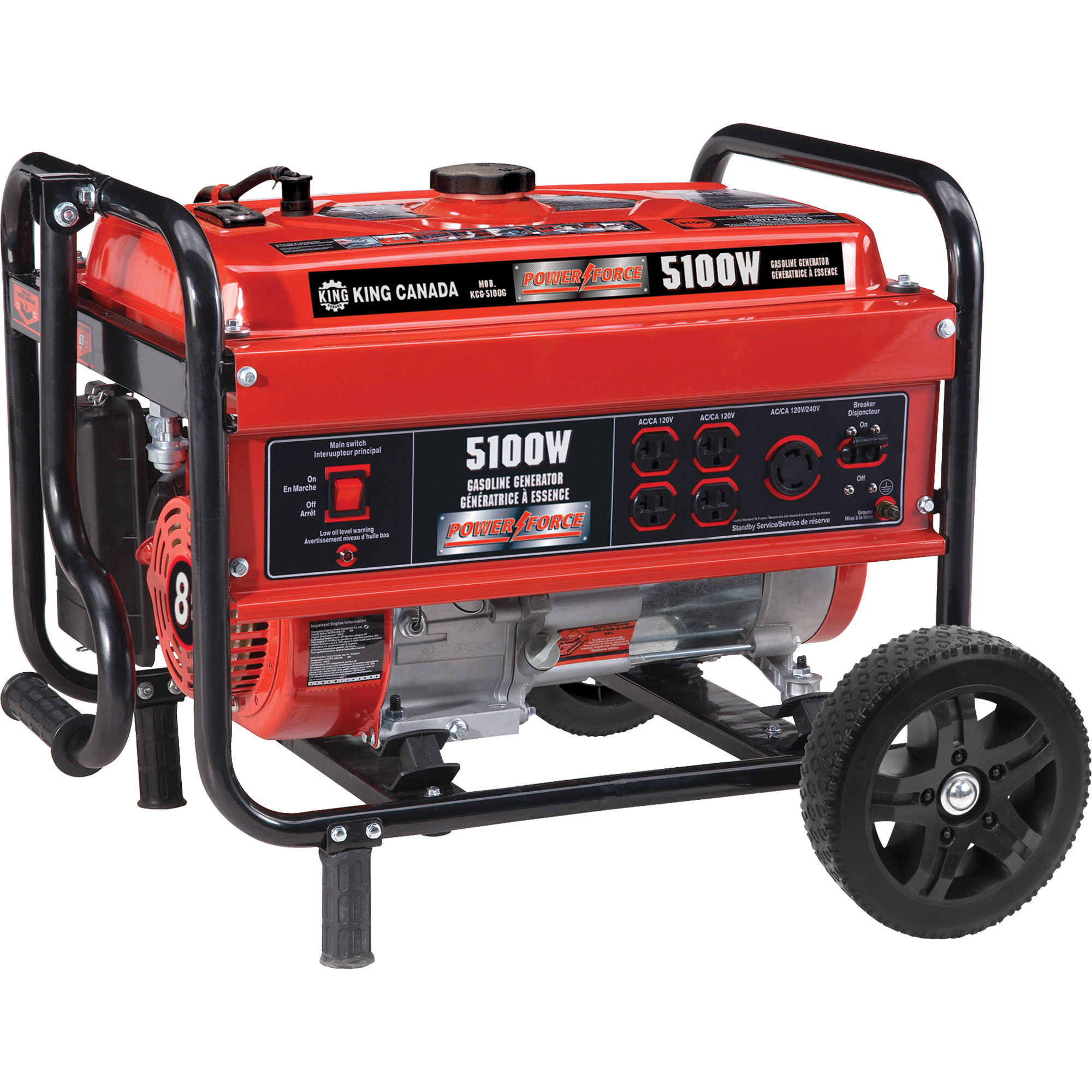 Génératrice avec ensemble de roues, 5100 W de surtension, 4000 W nominale, 120 V/240 V, Réservoir de 15 L