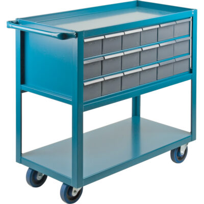Chariot à tablette avec tiroir, 1200 lb Capacité, Acier, 18" x la, 35" x ha, 36" p, Roues en Caoutchouc, Entièrement soudé, 18 tirroirs