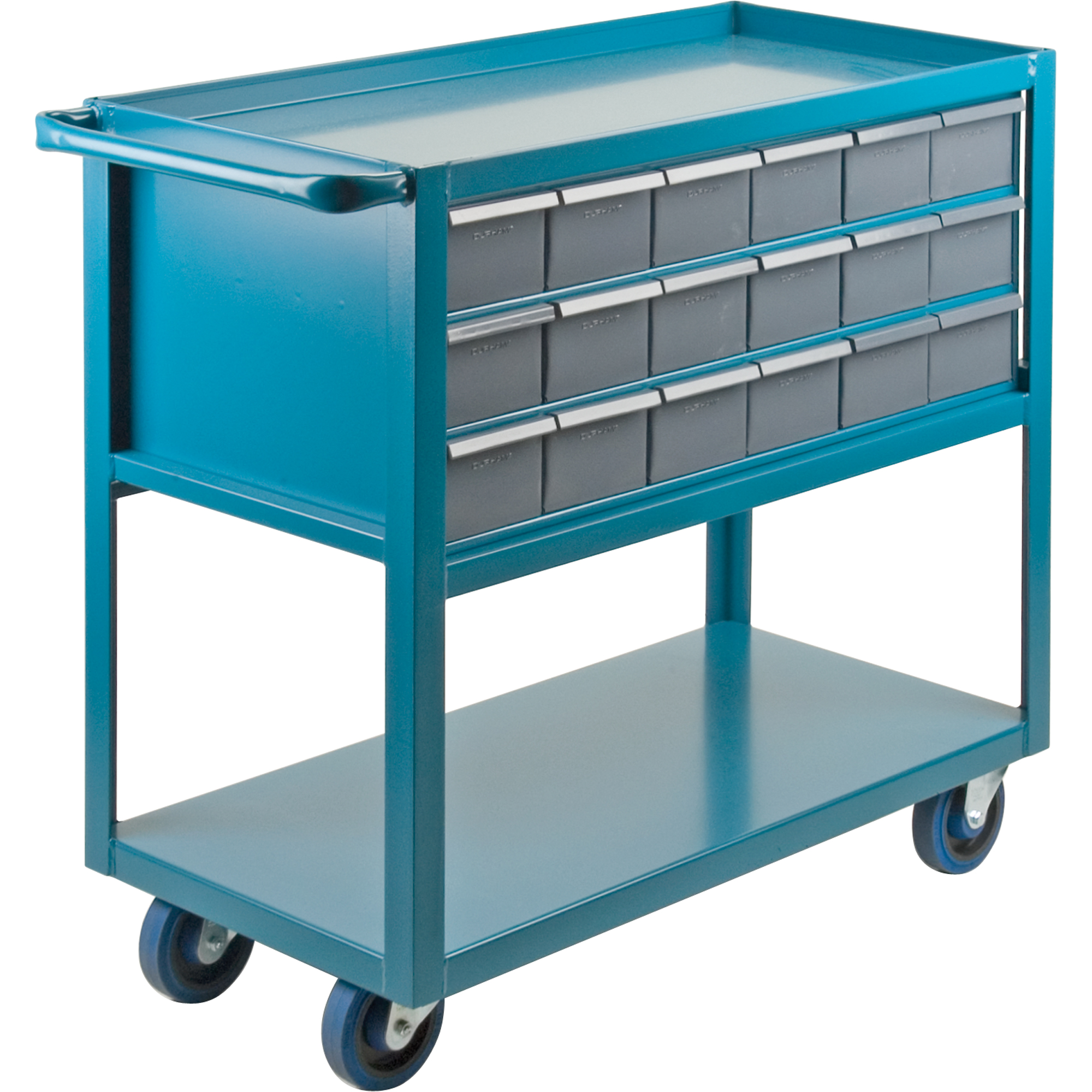 Chariot à tablette avec tiroir, 1200 lb Capacité, Acier, 18" x la, 35" x ha, 36" p, Roues en Caoutchouc, Entièrement soudé, 18 tirroirs