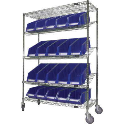 Chariot en treillis métallique à tablettes inclinées avec bacs, Tiers 5, 48" la x 69" h x 18" p