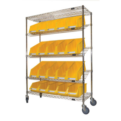 Chariot en treillis métallique à tablettes inclinées avec bacs, Tiers 5, 48" la x 69" h x 18" p