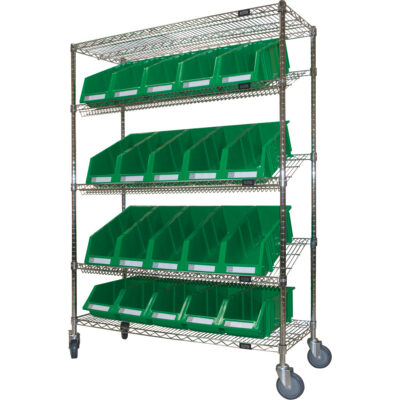 Chariot en treillis métallique à tablettes inclinées avec bacs, Tiers 5, 48" la x 69" h x 18" p
