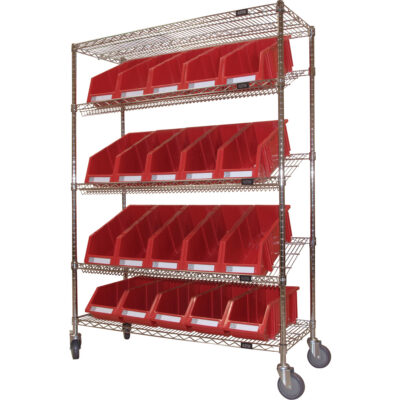 Chariot en treillis métallique à tablettes inclinées avec bacs, Tiers 5, 48" la x 69" h x 18" p