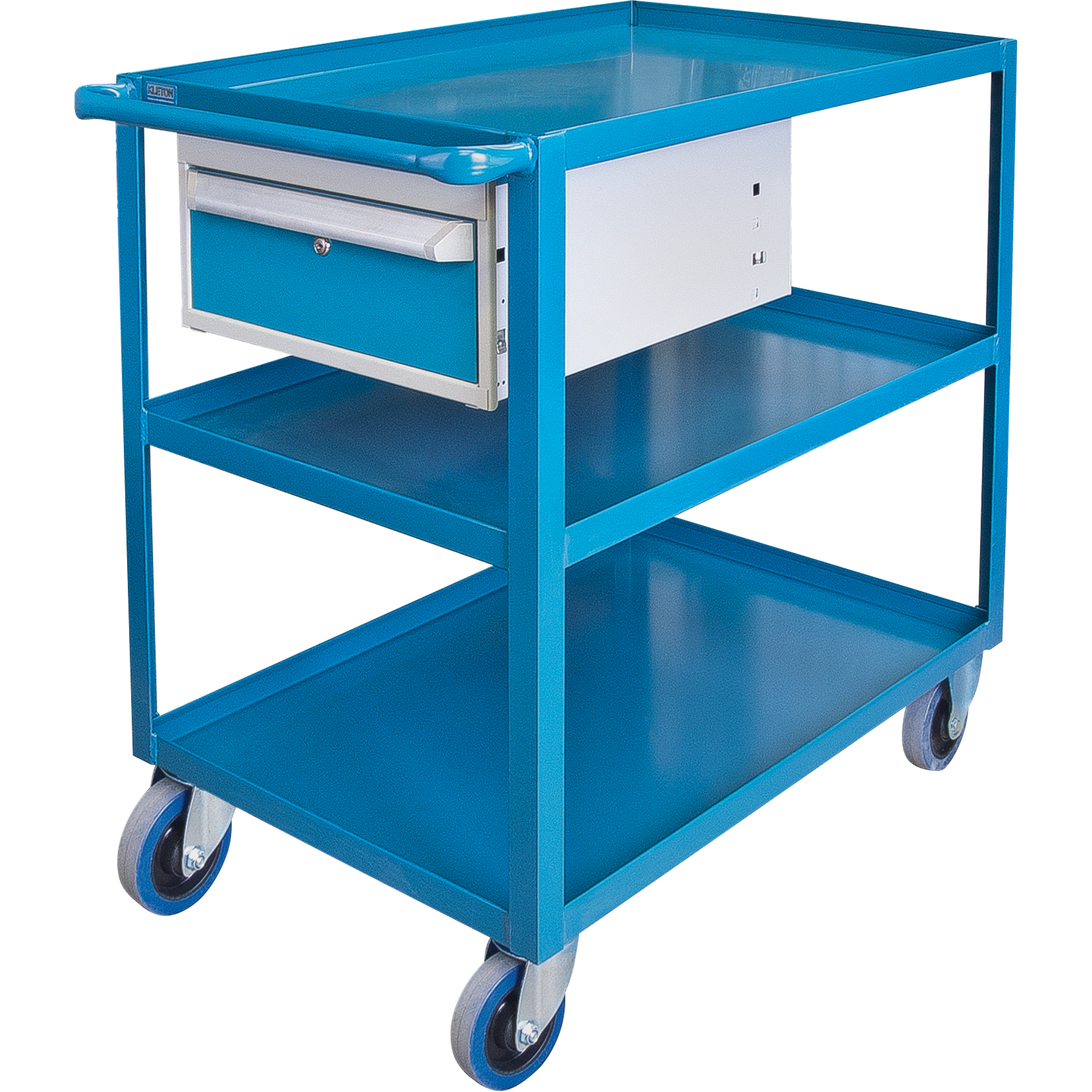 Chariots à tablettes avec tiroir, 1200 lb Capacité, Acier, 24" x la, 36" x ha, 36" p, Roues en Caoutchouc, Entièrement soudé, 1 tirroirs