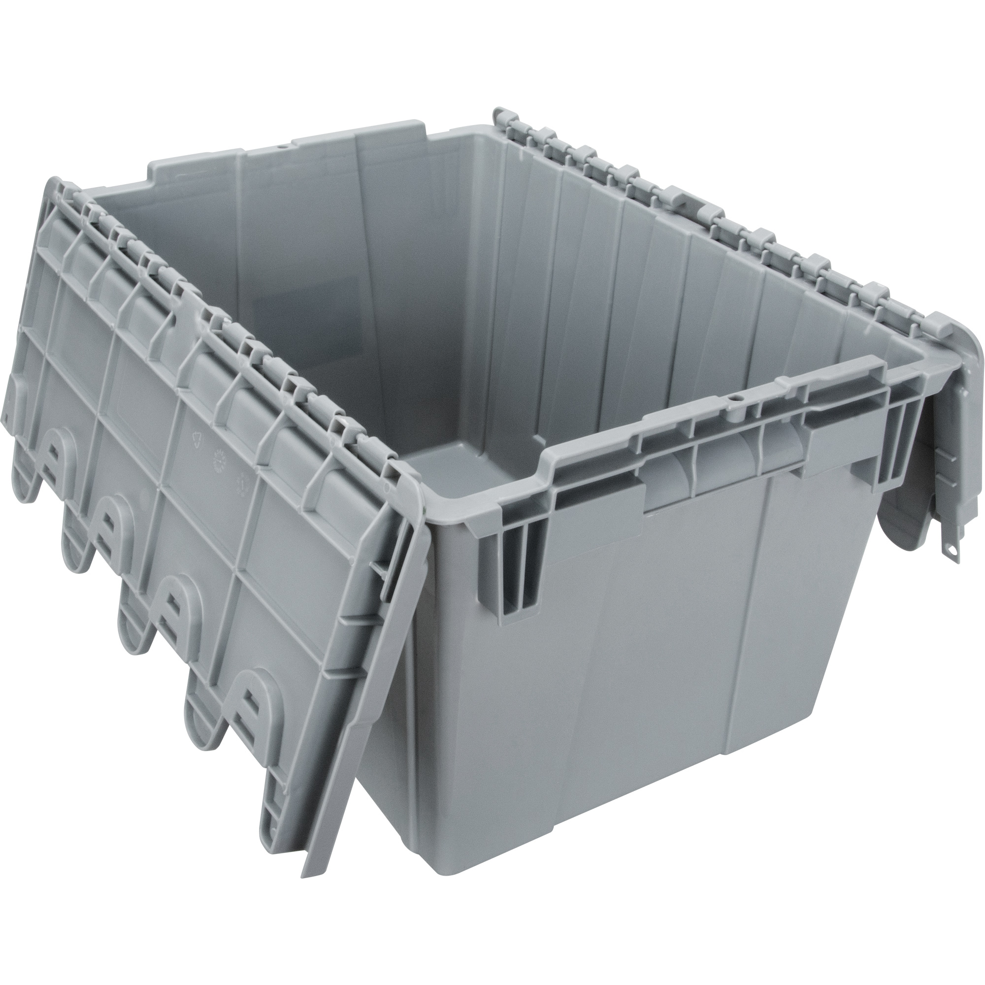 Contenant de distribution en plastique avec dessus basculant, 21,65" x 15,5" x 12,5", Gris