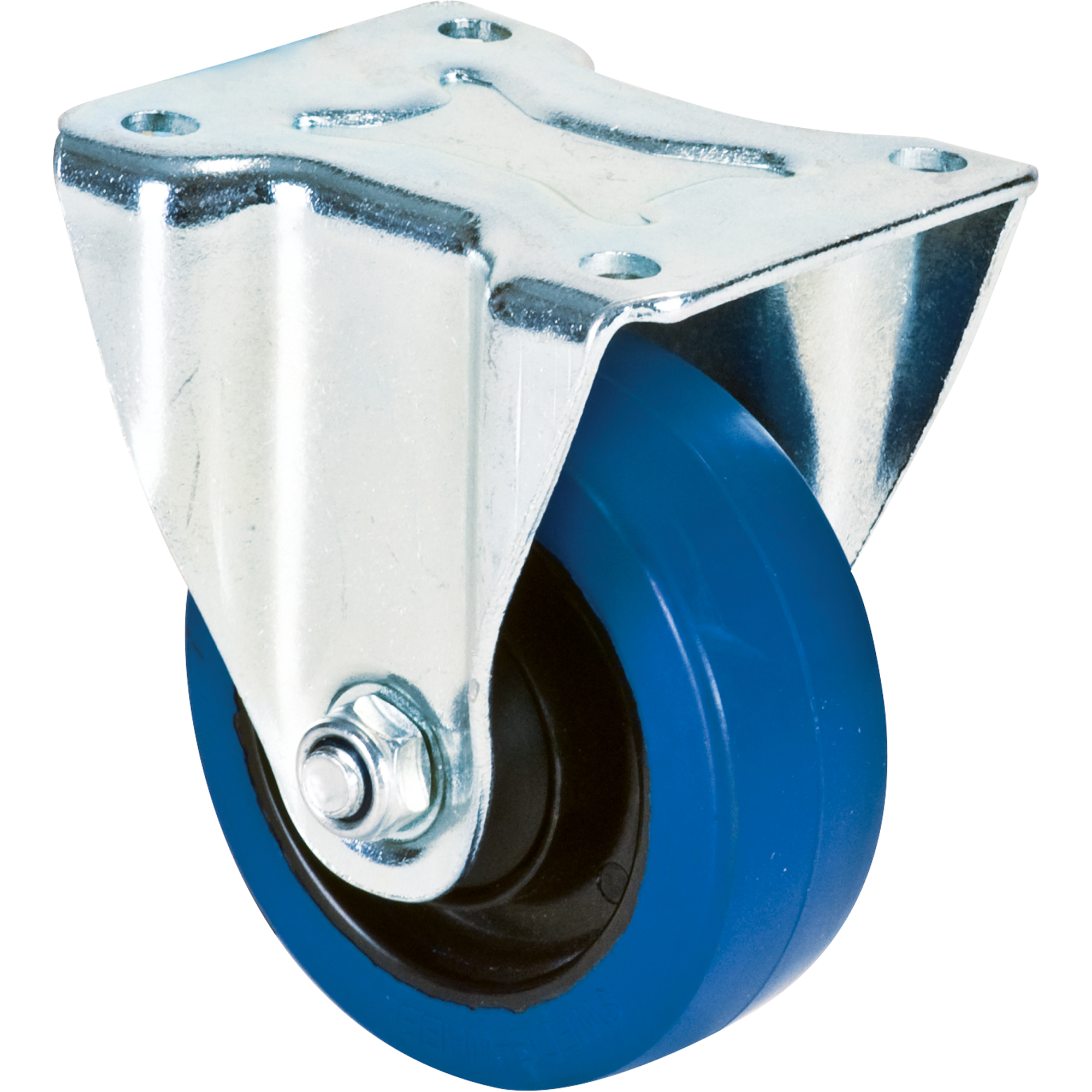 Roulette bleue, Fixe, 4" (101,6 mm), Caoutchouc, 350 lb (158,8 kg)