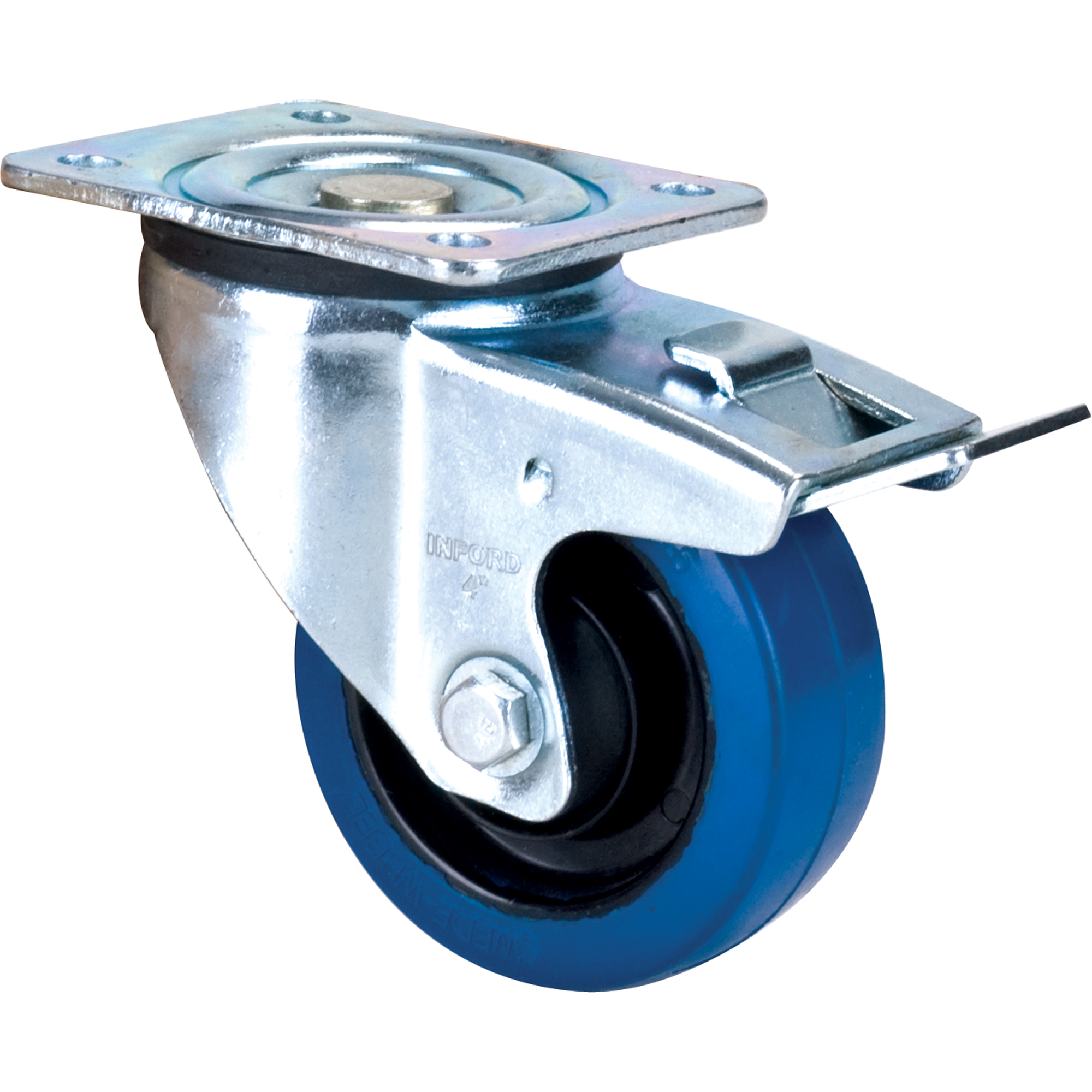 Roulette bleue, Pivotant avec frein, 4" (101,6 mm), Caoutchouc, 350 lb (158,8 kg)