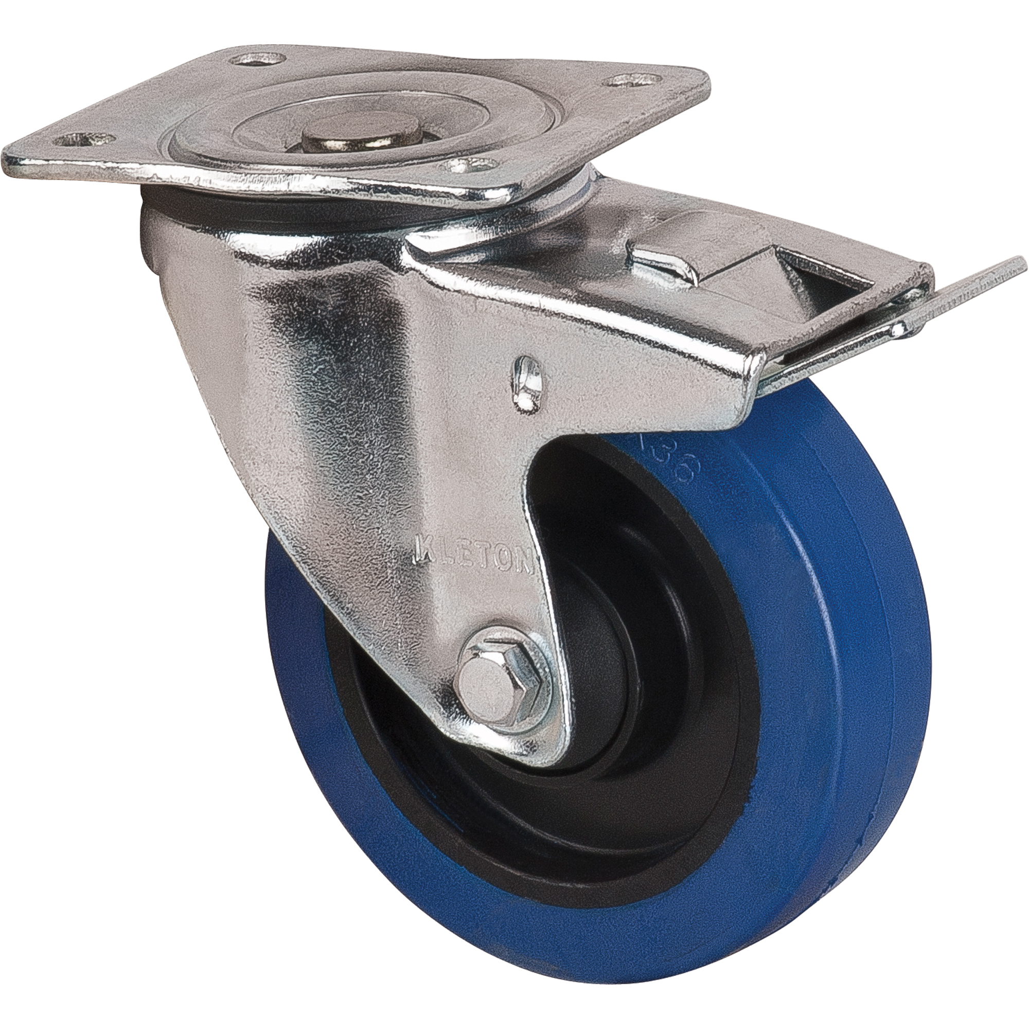 Roulette bleue, Pivotant avec frein, 5" (127 mm), Caoutchouc, 400 lb (181 kg)