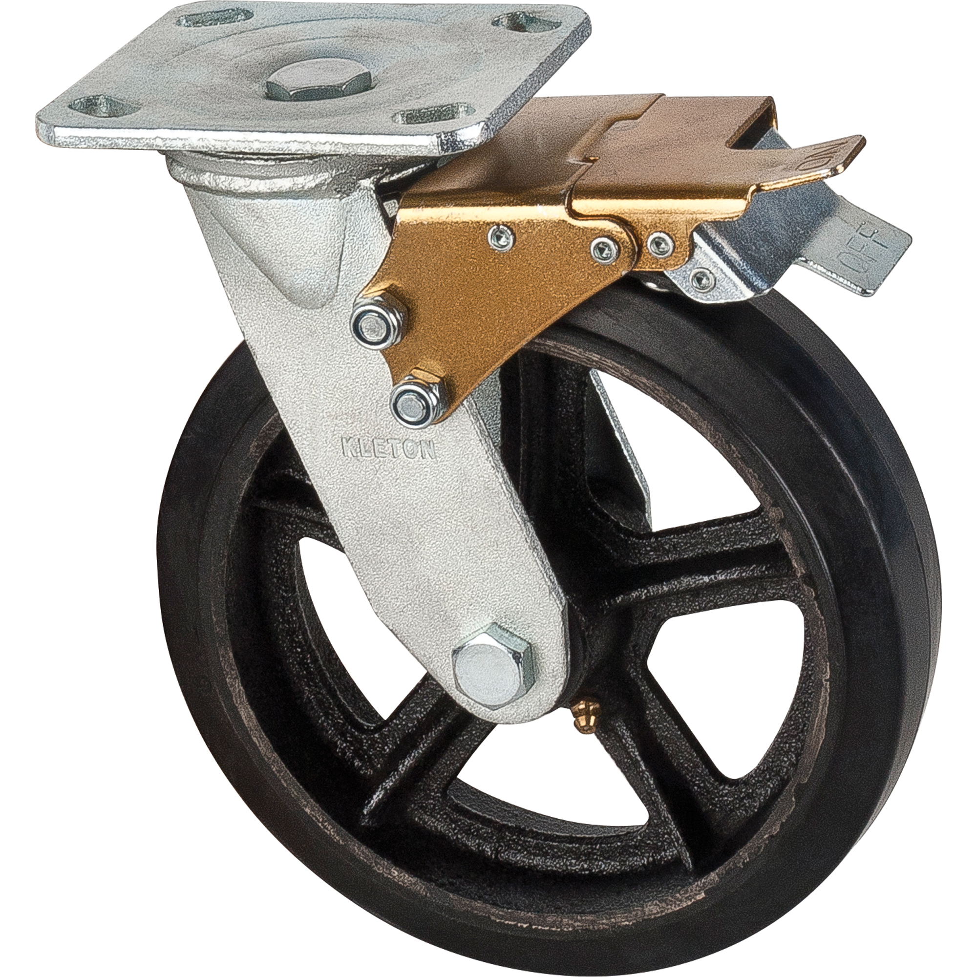Roulette moulé, Pivotant avec frein, 8" (203,2 mm), Caoutchouc, 660 lb (299 kg)