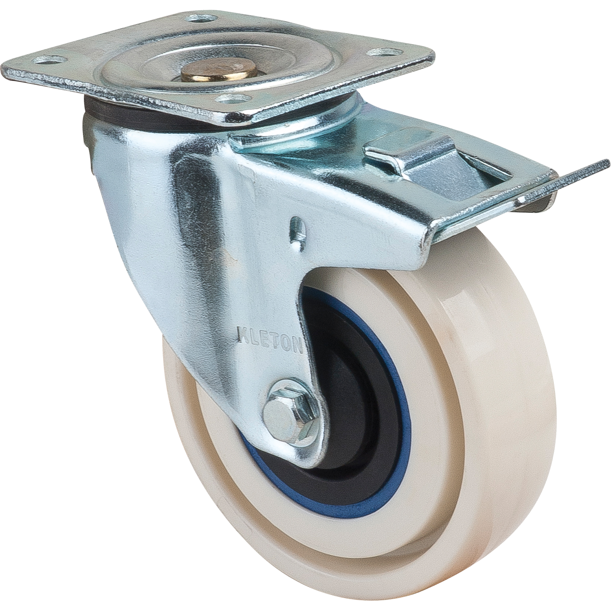 Roulettes sandwich, Pivotant avec frein, 4" (101,6 mm), Nylon, 440 lb (199,58 kg)
