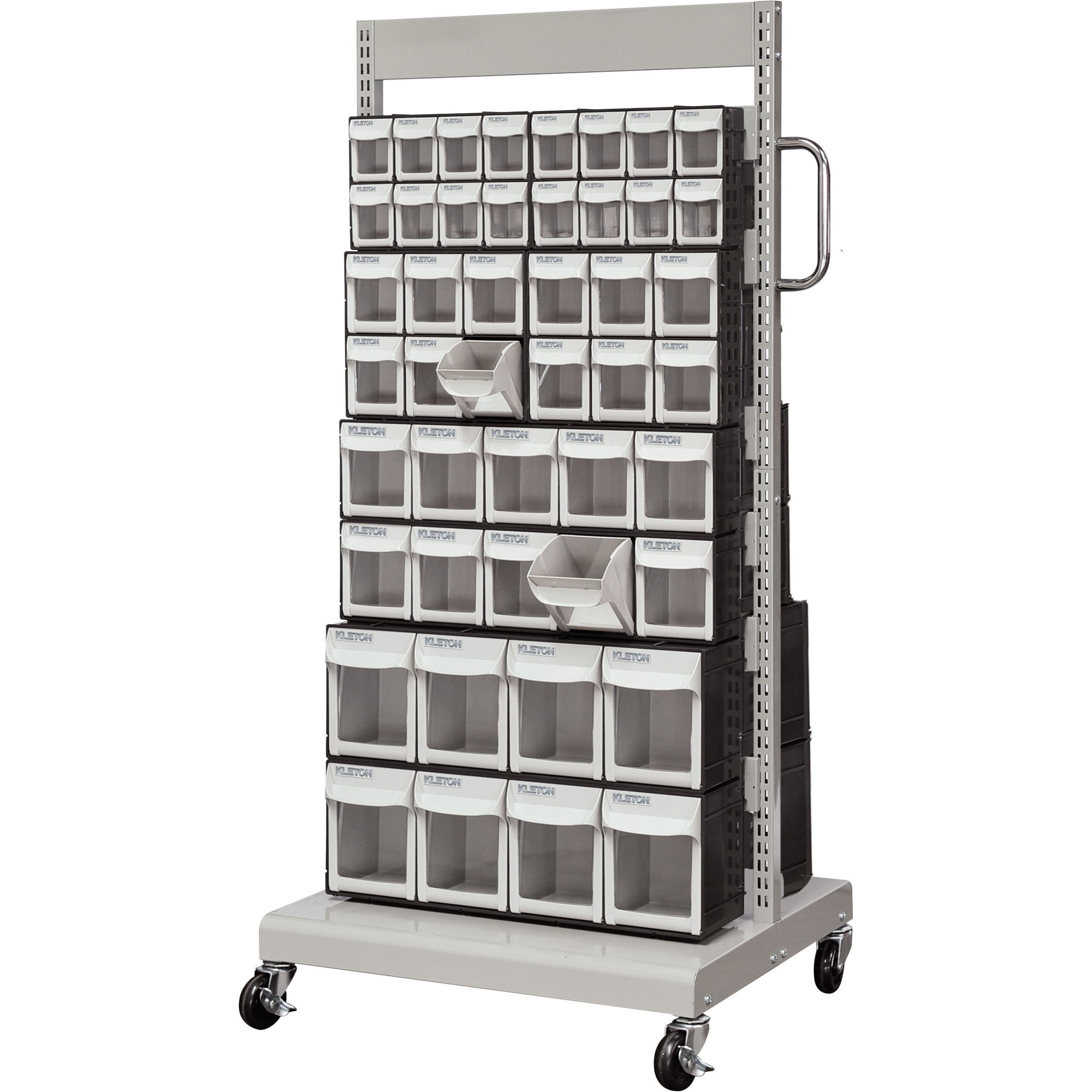 Servante mobile de bacs à plateaux inclinables, À deux côtés, 92 bacs, 26-1/4" la x 22" p x 57-1/2" h