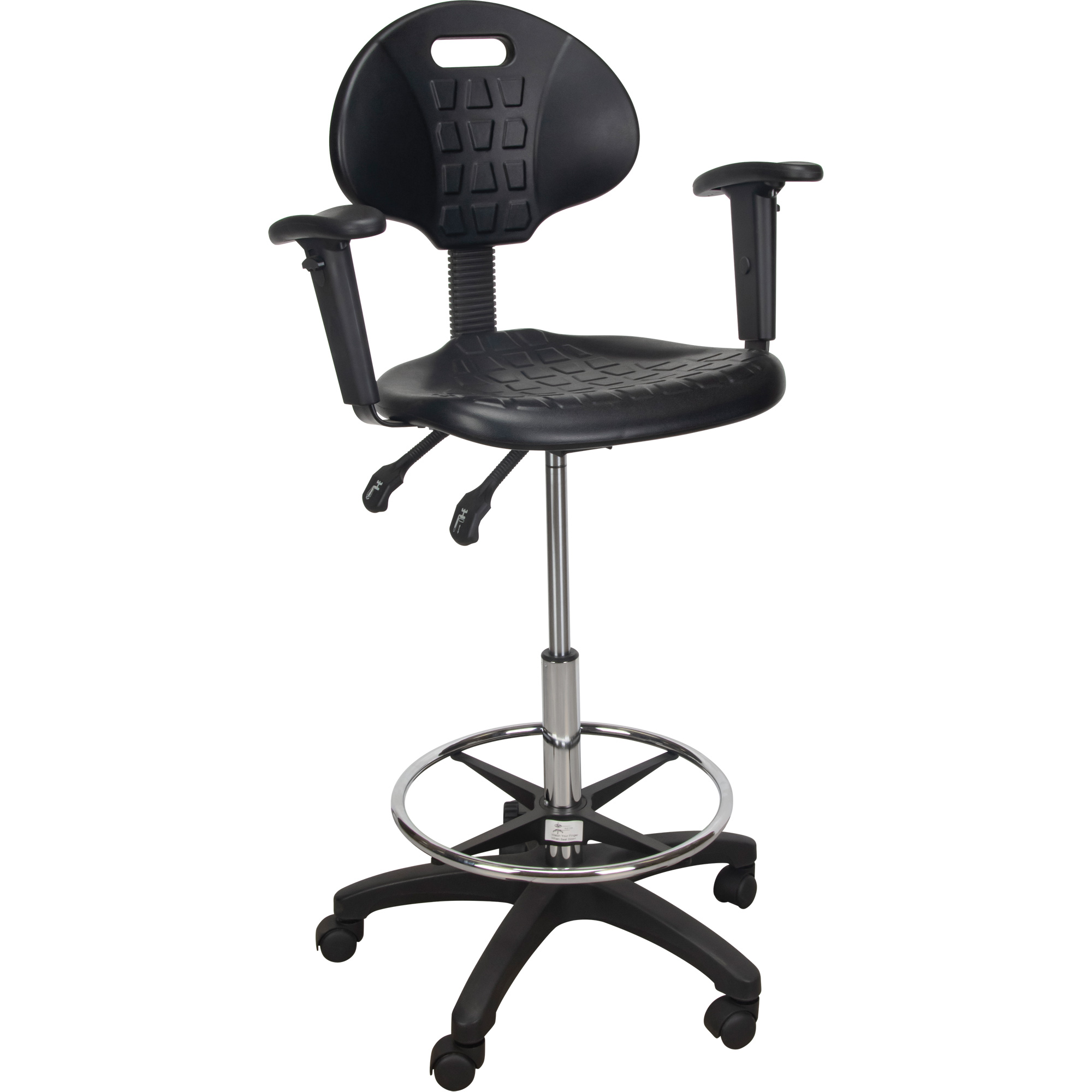 Tabouret ergonomique robuste avec accoudoirs réglables et roulettes en nylon, Mobile, Ajustable, 39" - 48", Polyuréthane Siège, Noir