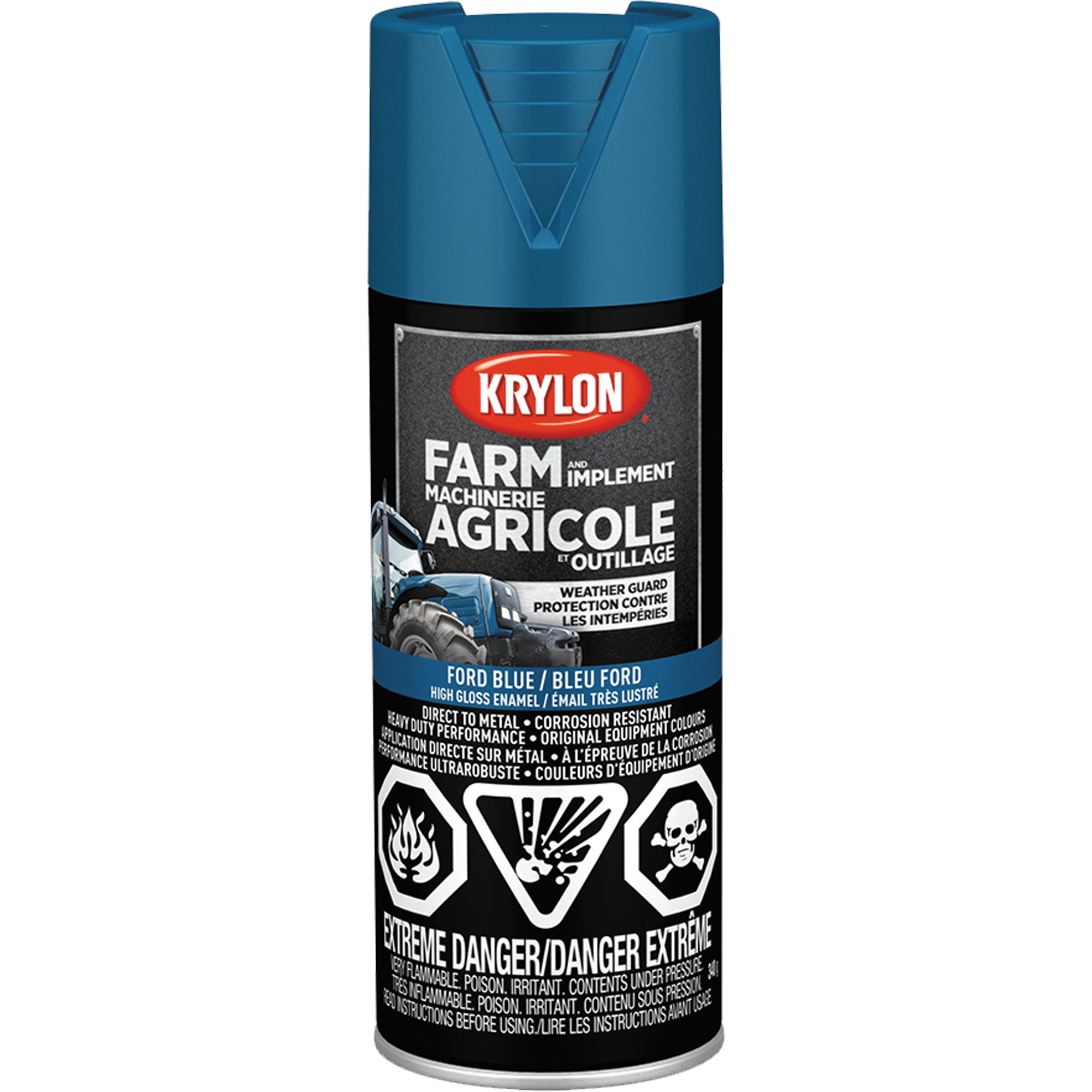 Peinture en aérosol pour la ferme et l'équipement, Bleu Ford, Très brillant, 340 g, Canette aérosol