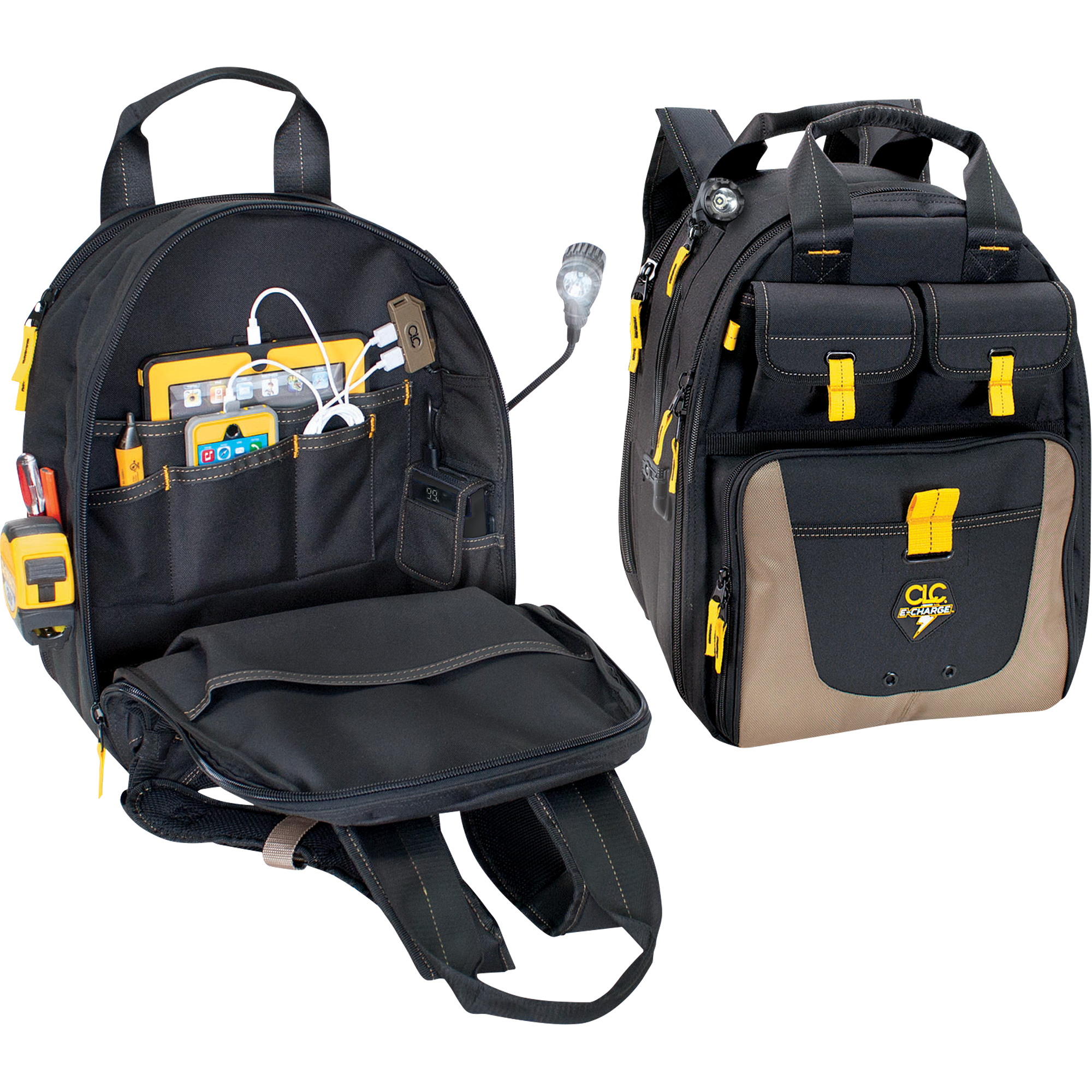 Sac à dos avec prises de recharge pour appareils électroniques, 15" lo x 10-1/2" la, Noir, Polyester