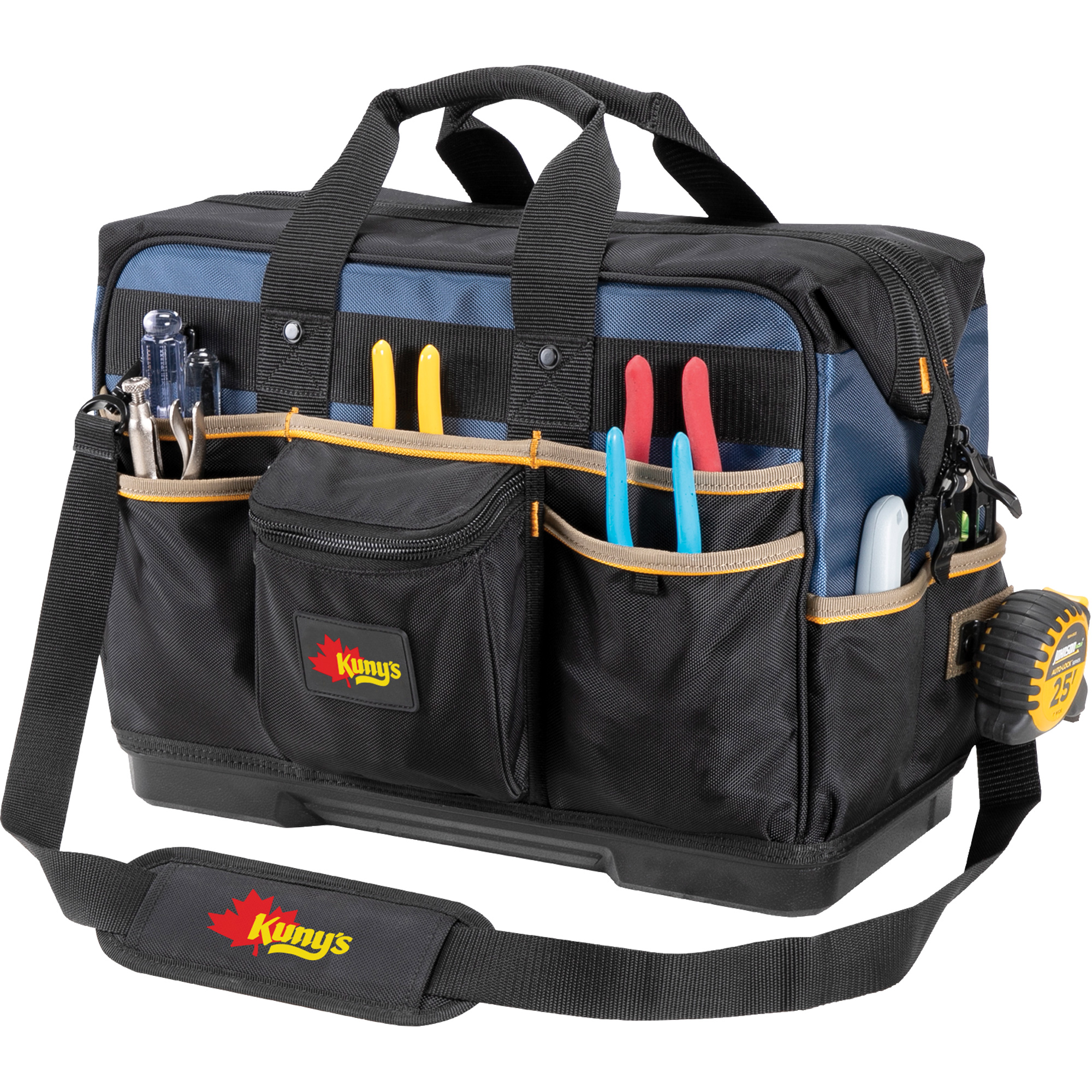 Sac à outils fermé pour entrepreneurs à base moulée, Polyester balistique, 29 pochettes, Noir/Bleu