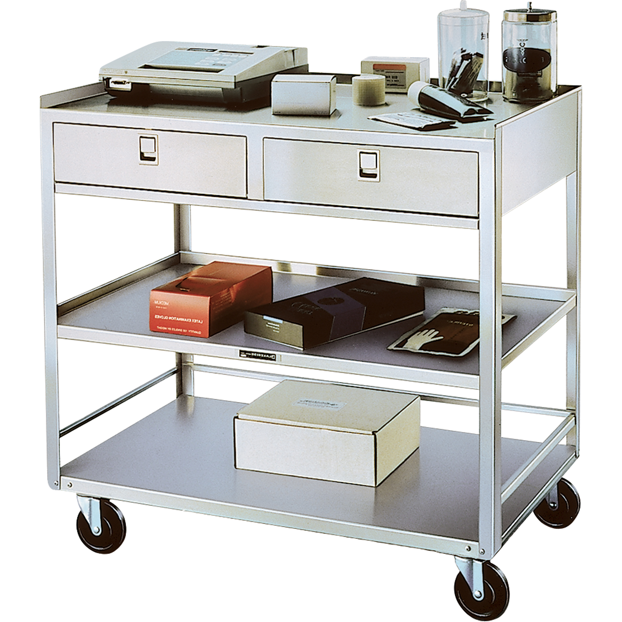 Supports en acier inoxydable pour équipement, 300 lb Capacité, Acier inoxydable, 20"/20-1/8" x la, 35" x ha, 37"/36-3/8" p, Démonté, 2 tirroirs
