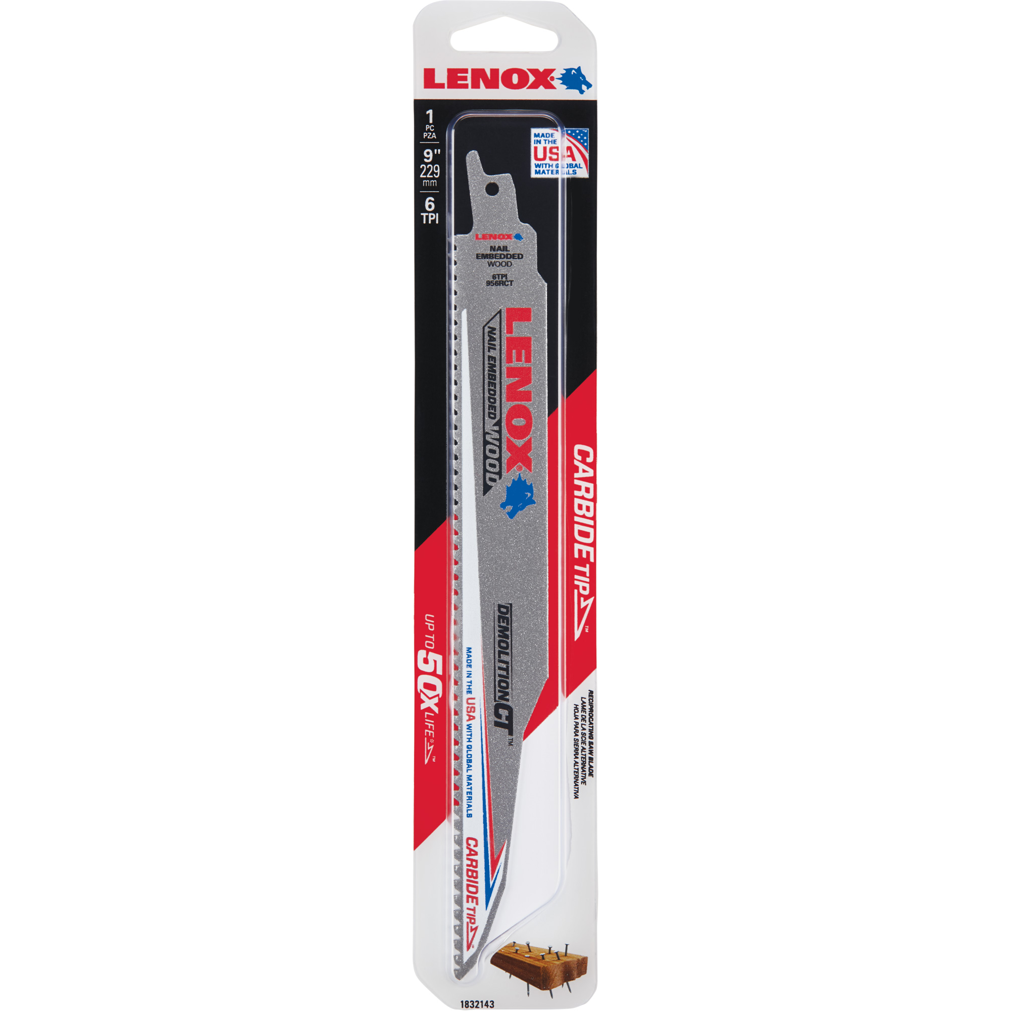 Lame de scie alternative pour démolitions, Carbure, 6 Dents par pouce, 9" lo x 1" la