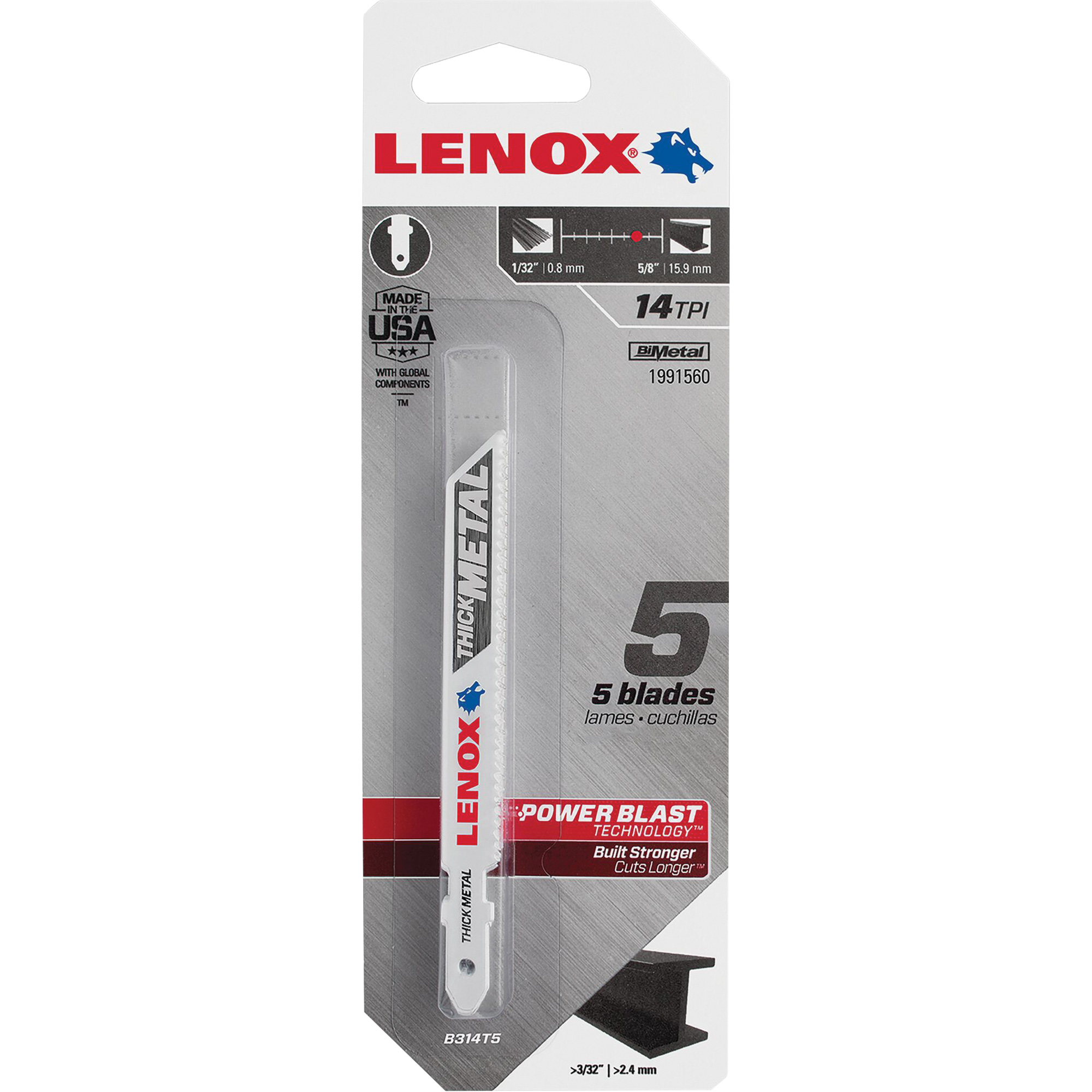 Lames de scie sauteuse pour coupe du métal, Bimétal, 14 Dents par pouce, 3-5/8" lo x 3/8" la