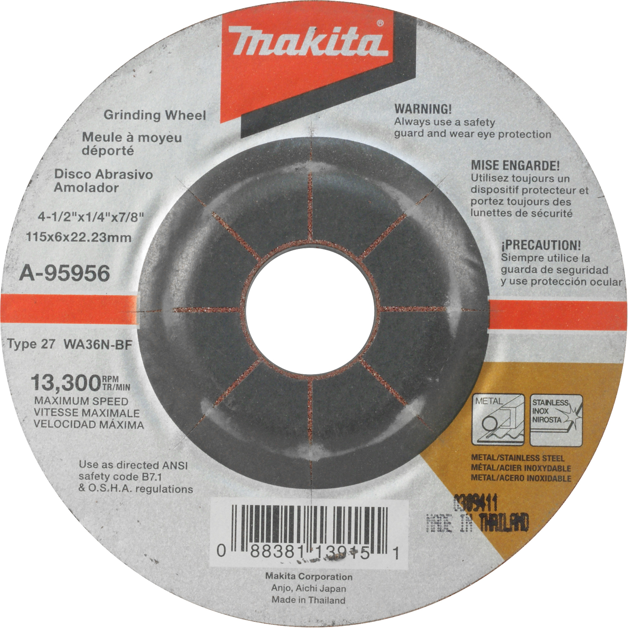 Meule inox, 4-1/2" x 1/4", Arbre 7/8", Oxyde d'aluminium, Type 27