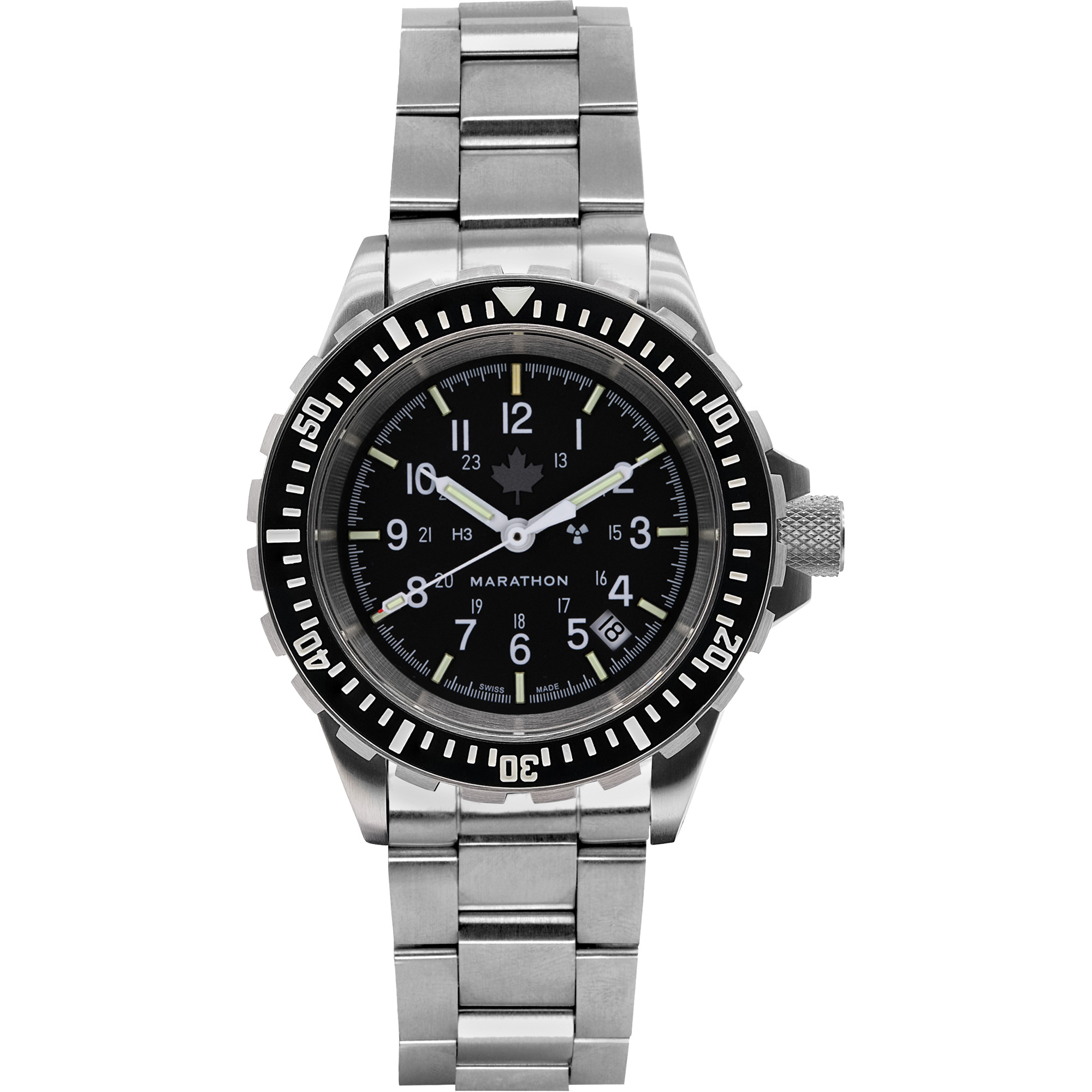Grande montre automatique de plongée avec feuille d'érable gris et bracelet en acier inoxydable, Numérique, À piles, 41 mm, Argent