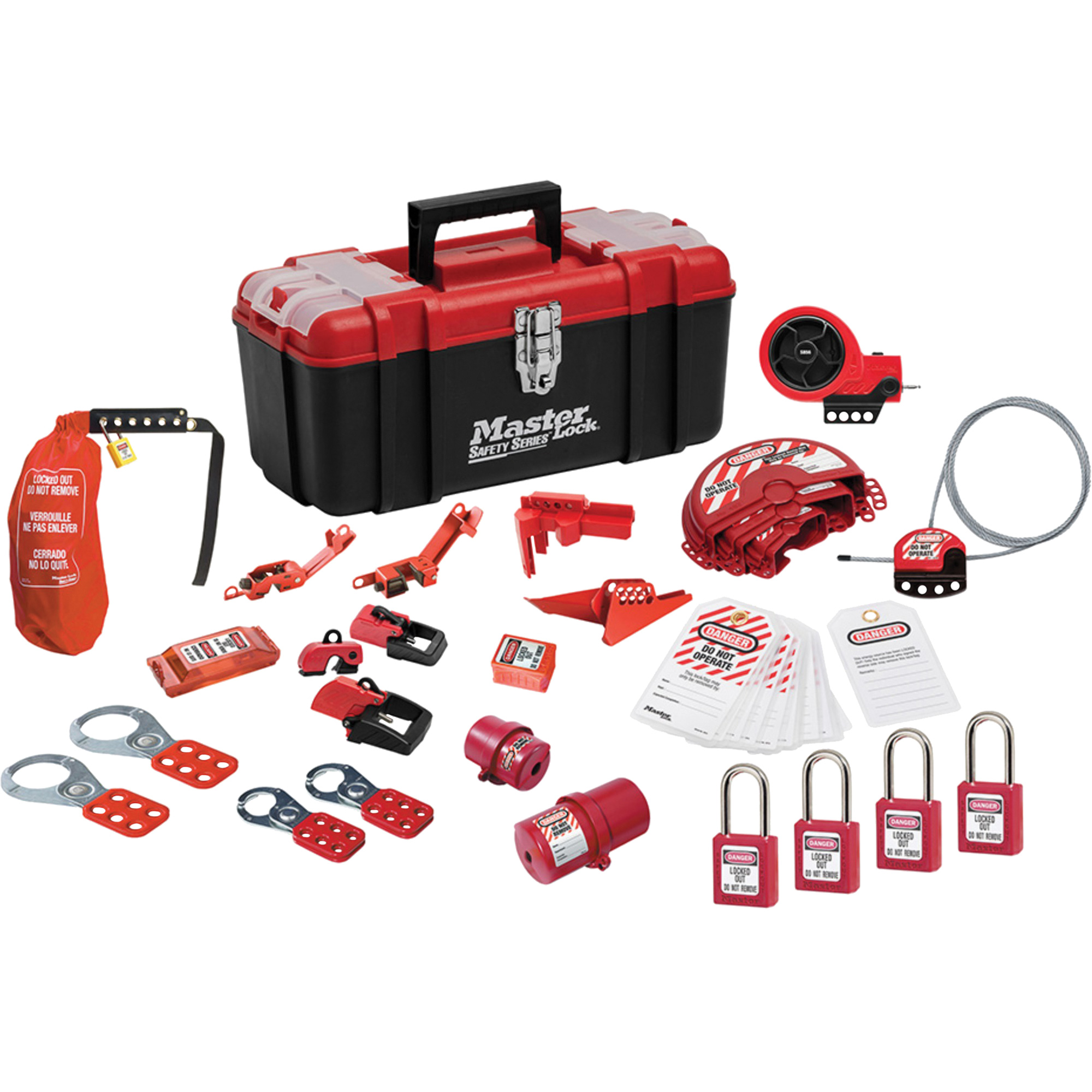 Trousse de cadenassage avec cadenas en thermoplastique de qualité supérieure ZenexMC, Ensemble Électrique/Vanne, 27 composants compris