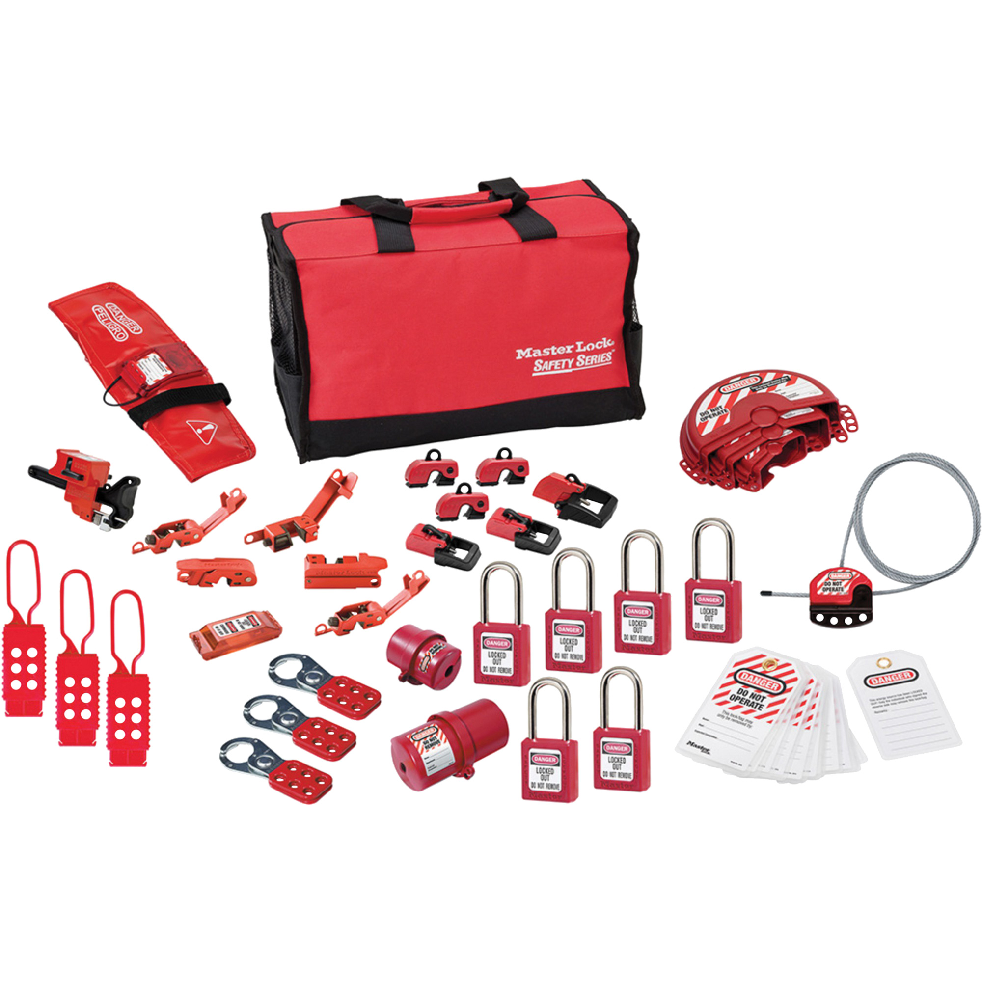 Trousse de cadenassage avec cadenas en thermoplastique de qualité supérieure ZenexMC, Ensemble Électrique/Vanne, 34 composants compris
