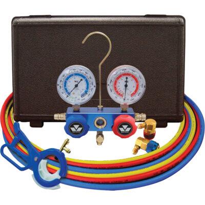 Jeu de manomètres collecteurs pour automobile avec coupleurs et robinet perce-canette latérale 3 en 1