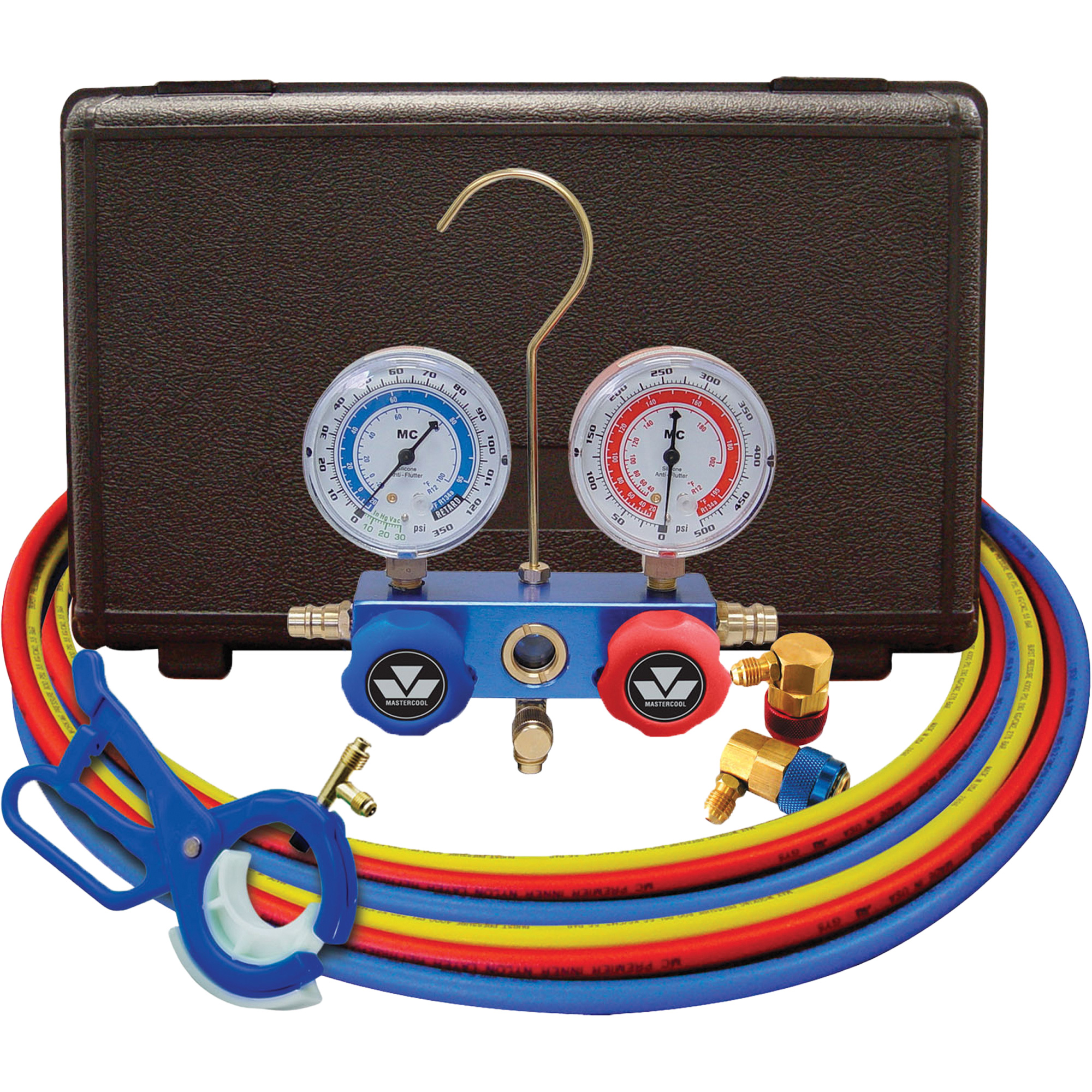 Jeu de manomètres collecteurs pour automobile avec coupleurs et robinet perce-canette latérale 3 en 1
