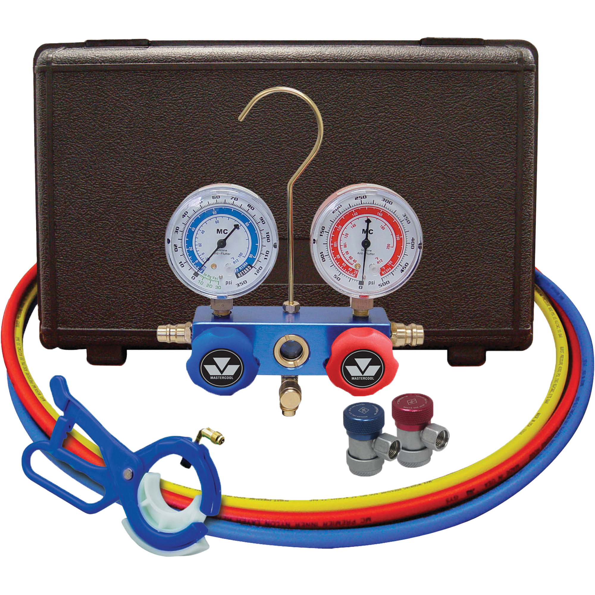 Jeu de manomètres collecteurs pour automobile avec coupleurs manuels et robinet perce-canette latérale 3-in-1