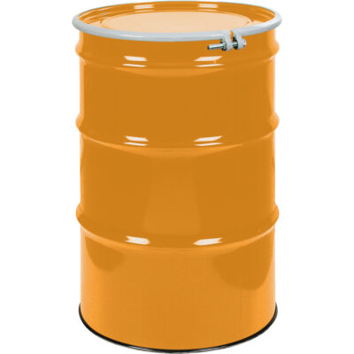 Barils en acier, 55 gal. US (45 gal. imp.), Non doublé, Orange, Dessus ouvert, UN1A2/Y1.5/150, Calibre 16