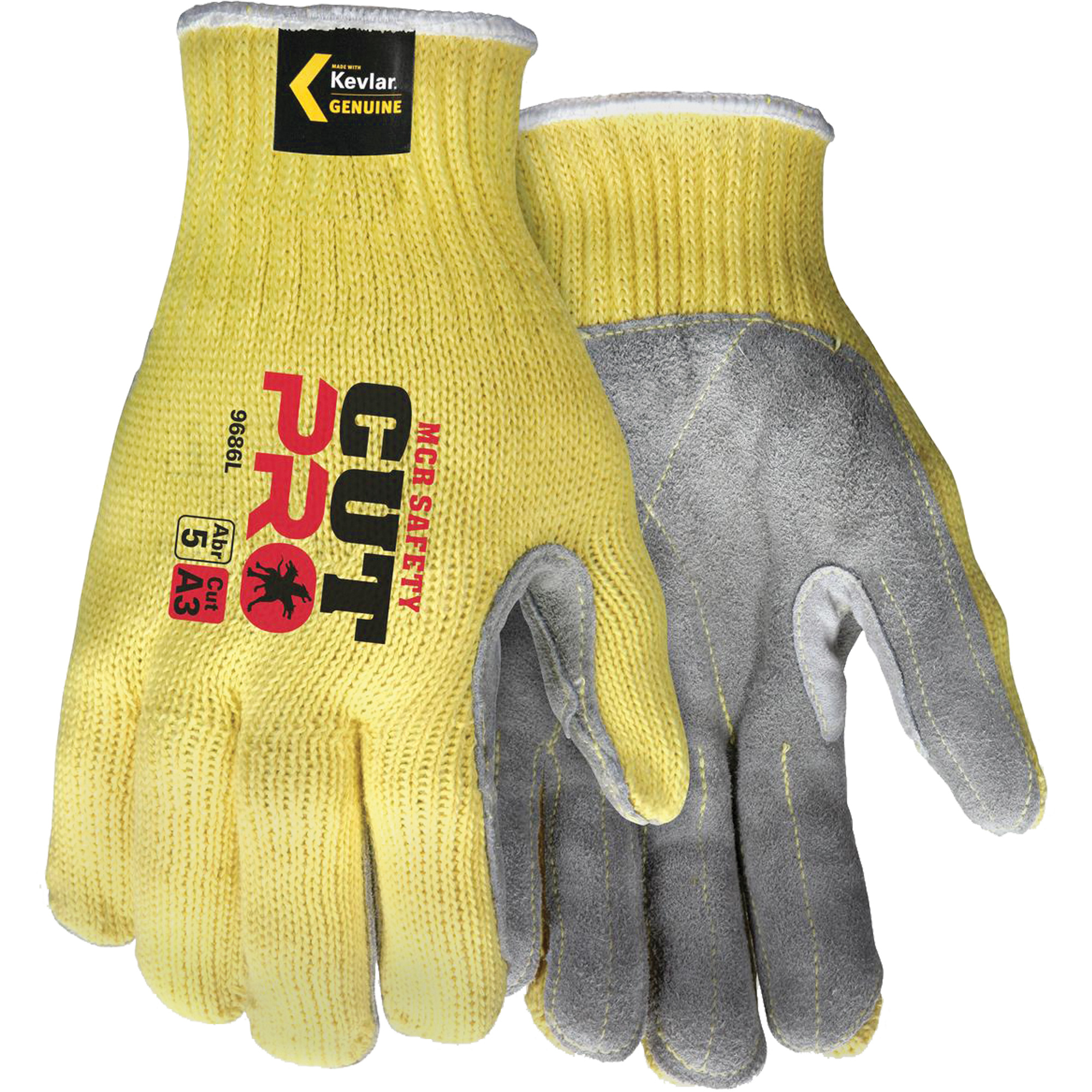 Gants de travail résistant à la coupe CutProMD avec paume en cuir fendu, Taille T-Grand, Calibre 7, Enveloppe en KevlarMD, ASTM ANSI niveau A3