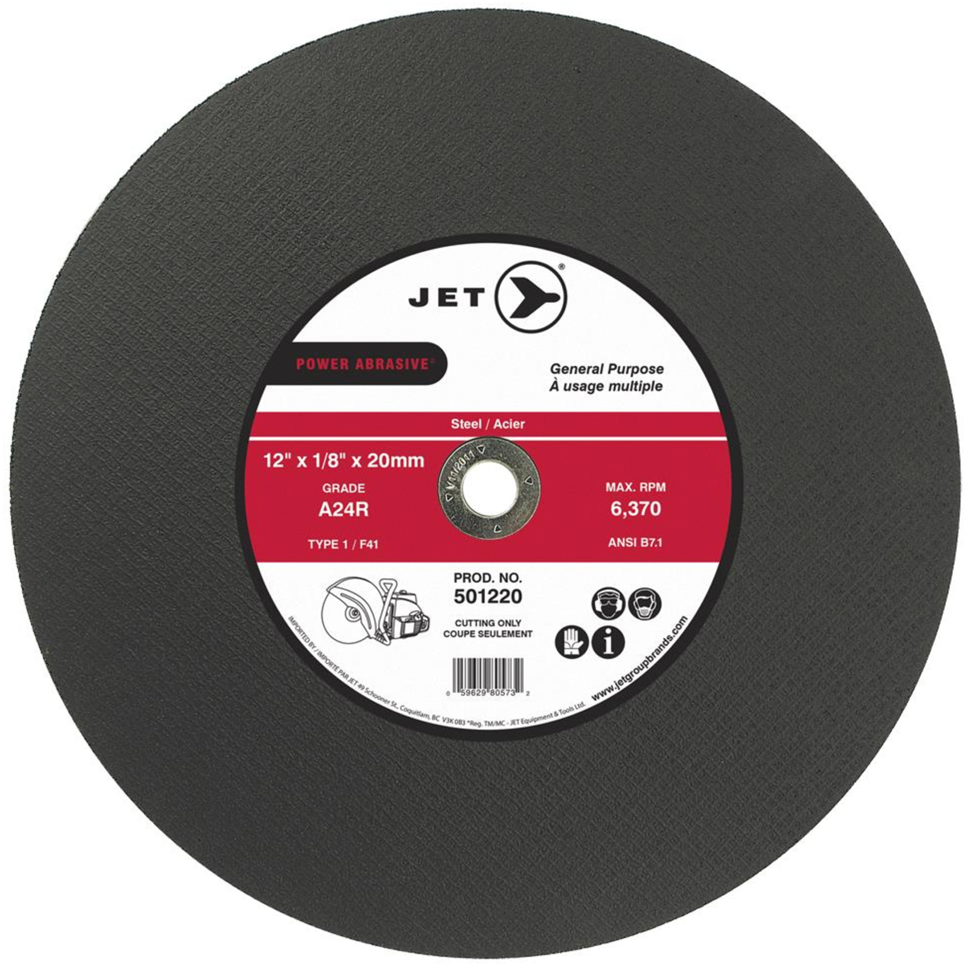 Meule à tronçonner Power Abrasive, 12" x 1/8", Arbre de 1", Type 1, 6370 Tr/min