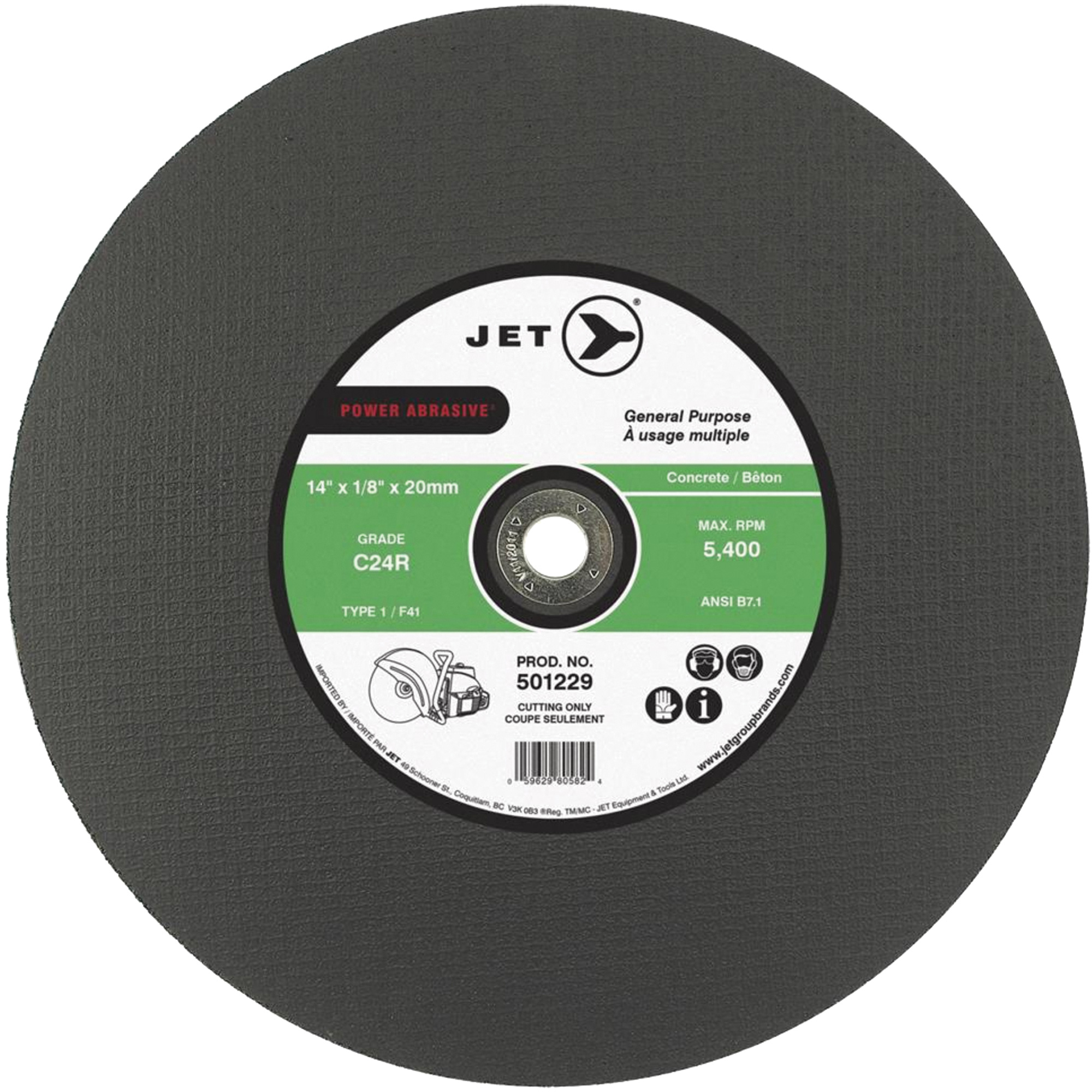 Meule à tronçonner Power Abrasive, 12" x 1/8", Arbre de 20 mm, Type 1, 6370 Tr/min