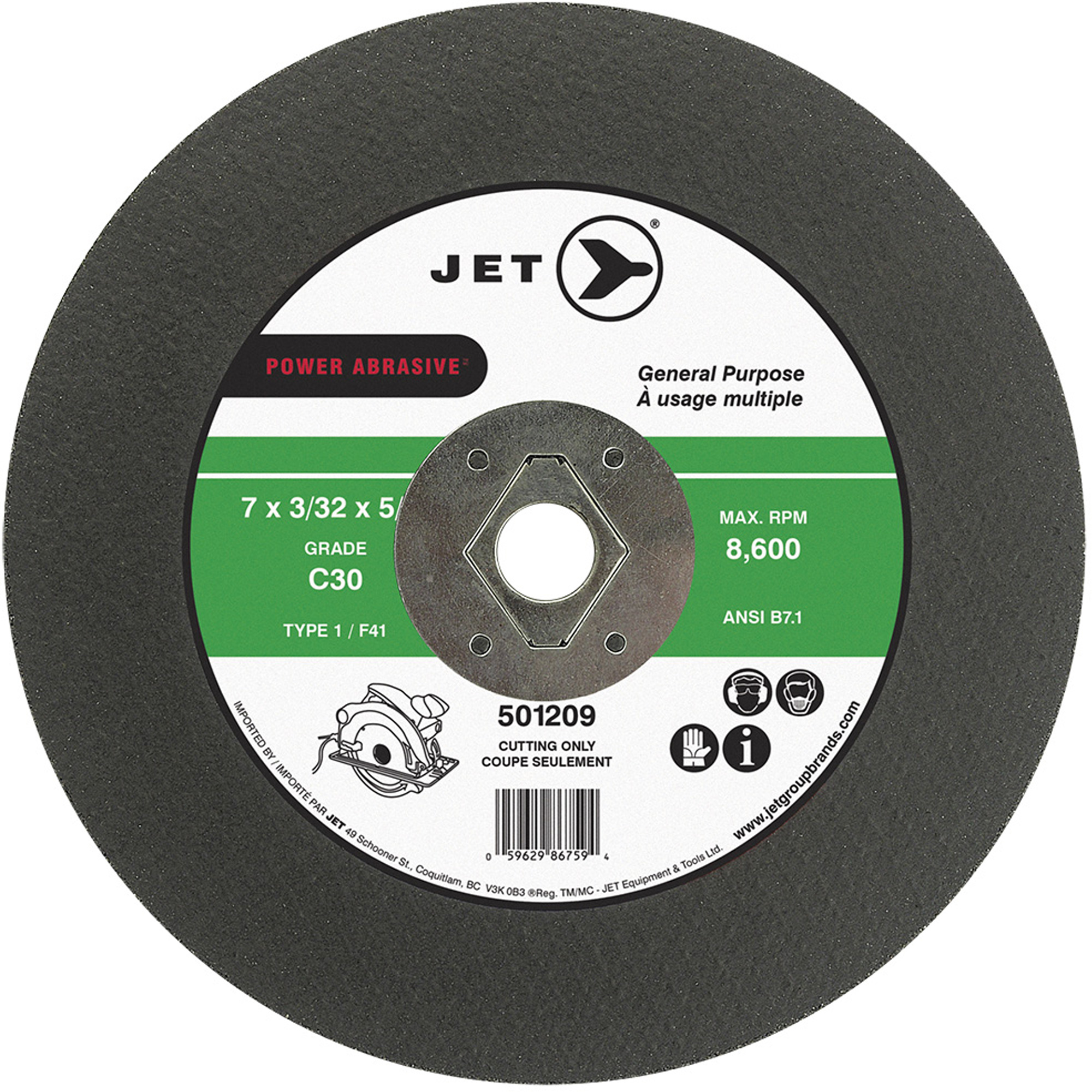 Meule à tronçonner Power Abrasive C30, 7" x 0,094", Arbre de 5/8", Type T1, 8600 Tr/min