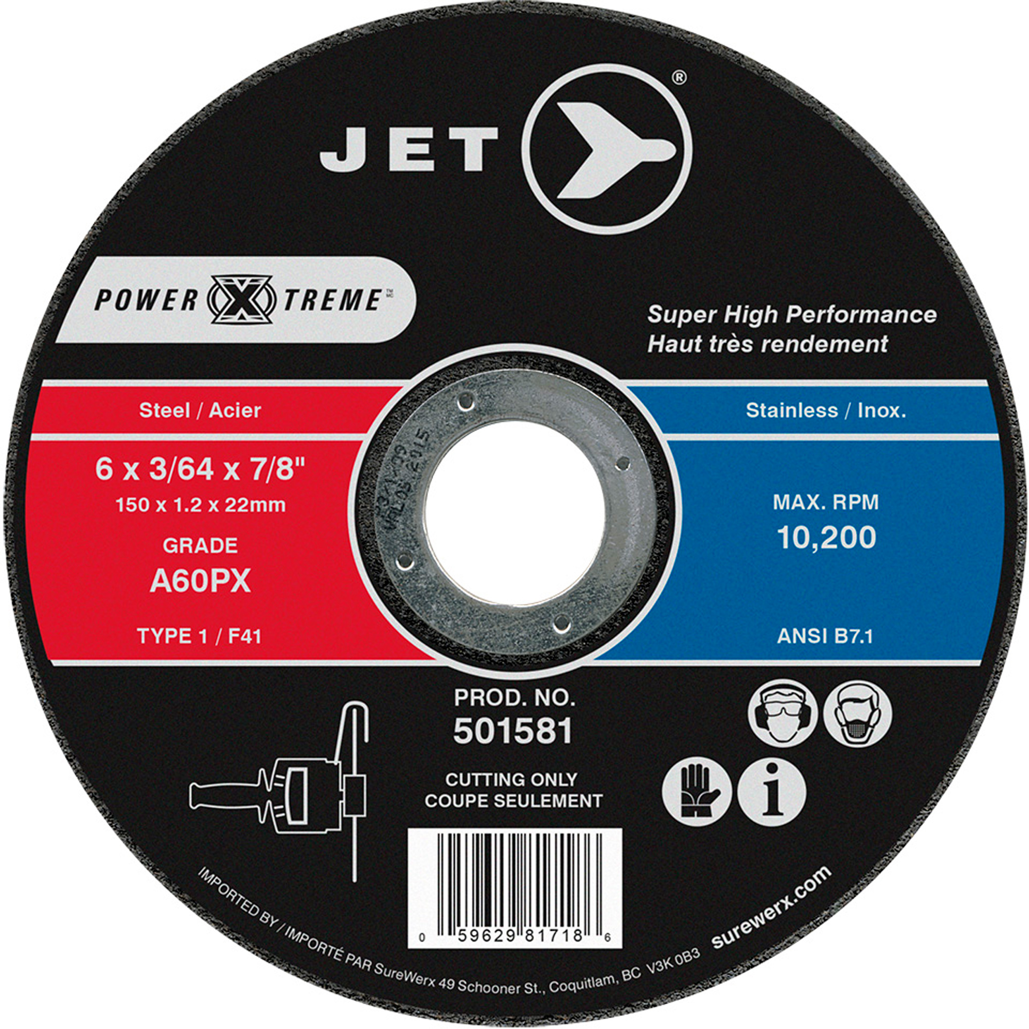 Meule à tronçonner POWER-XTREME, 6" x 3/64", Arbre de 7/8", Type 1, 10 200 Tr/min
