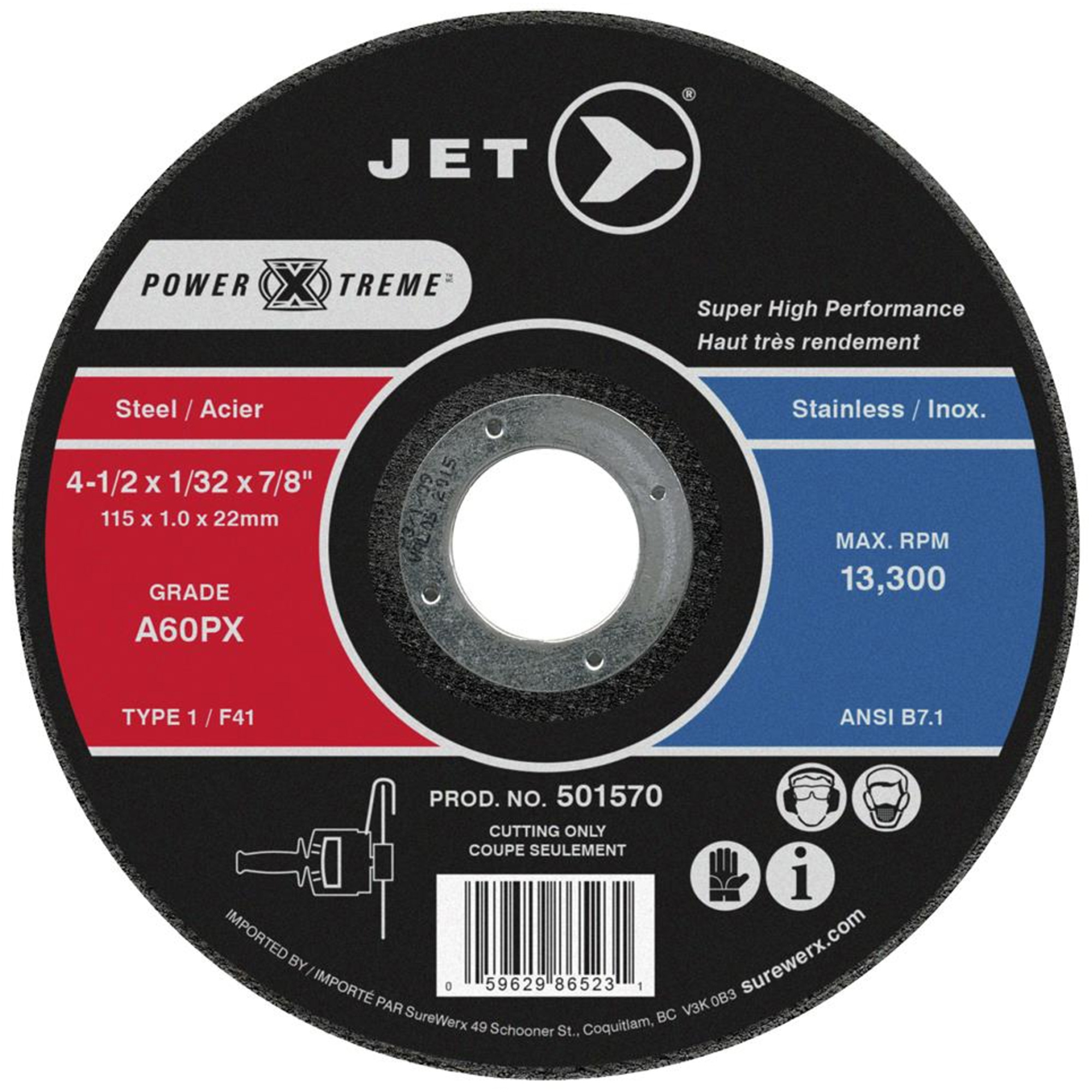 Meule à tronçonner POWER-XTREME, 7" x 1/16", Arbre de 7/8", Type 1, 8600 Tr/min