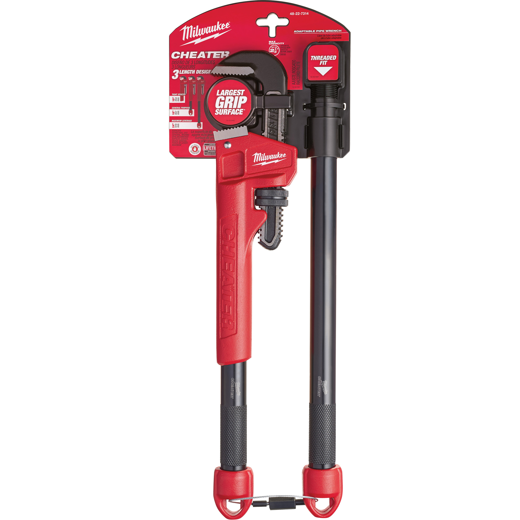 Clé à tuyau adaptable Cheater, Cap des mâchoires 2-1/2", Longueur 18"/24"/10", Fini Revêtement en poudre, Prise Ergonomique