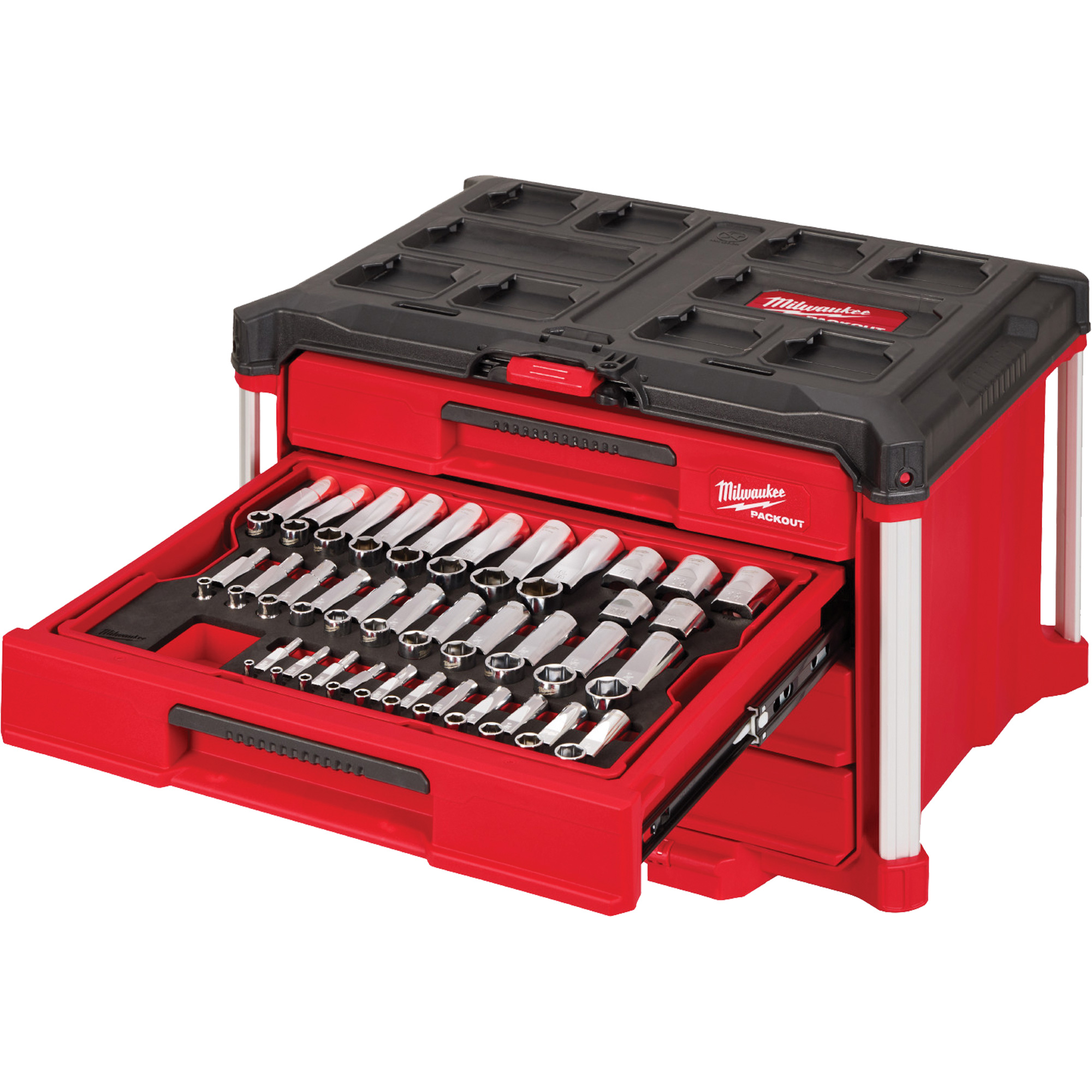Ensemble de 242 pièces de douilles et cliquets métriques et SAE 1/4", 3/8" et 1/2" avec boîte à outils PACKOUTMC à 4 tiroirs, 16-3/10" x 22-1/5" x 14-3/10", Noir/Rouge