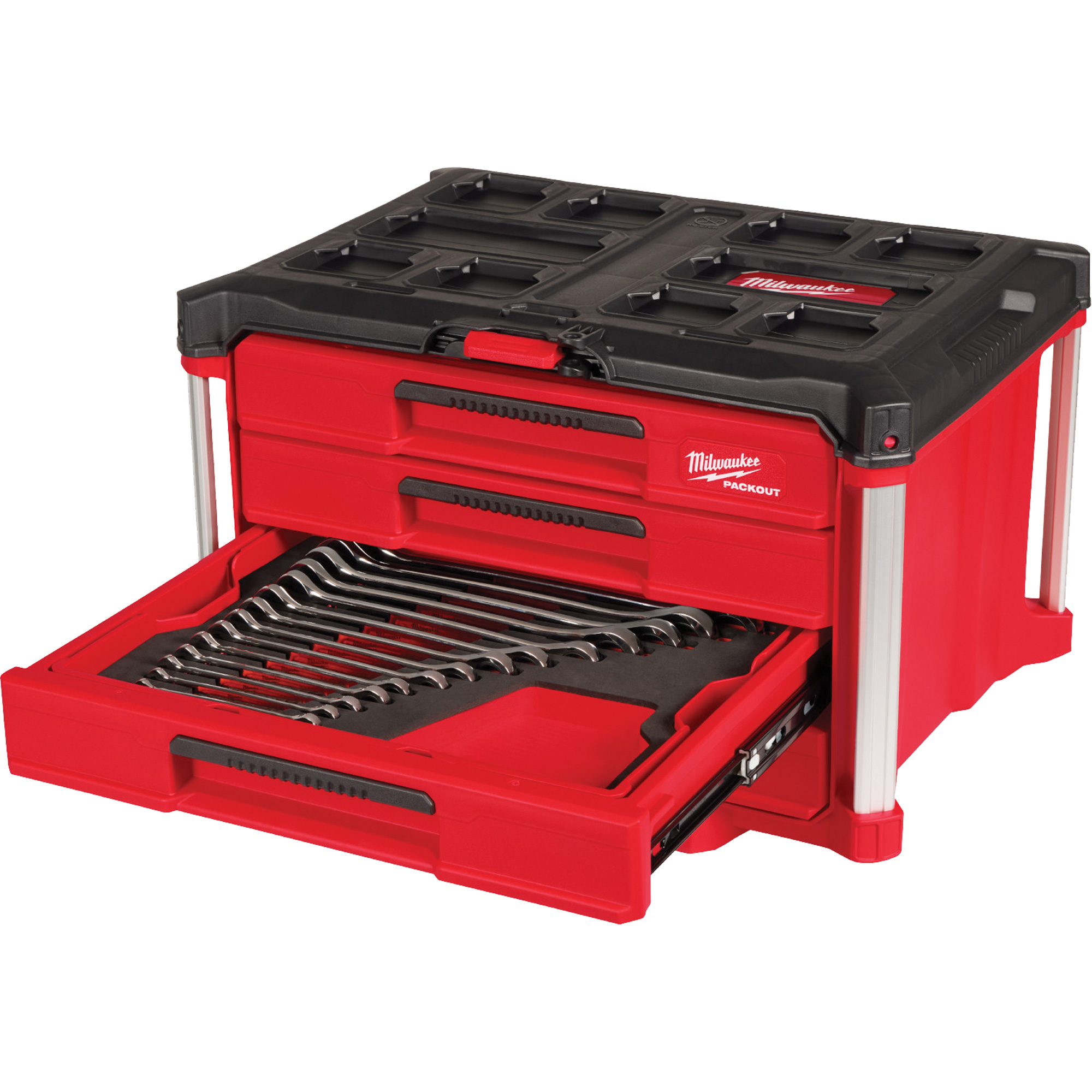 Ensemble de 60 clés mixtes métriques et SAE avec boîte à outils PACKOUTMC à 4 tiroirs, 16-3/10" x 22-1/5" x 14-3/10", Noir/Rouge