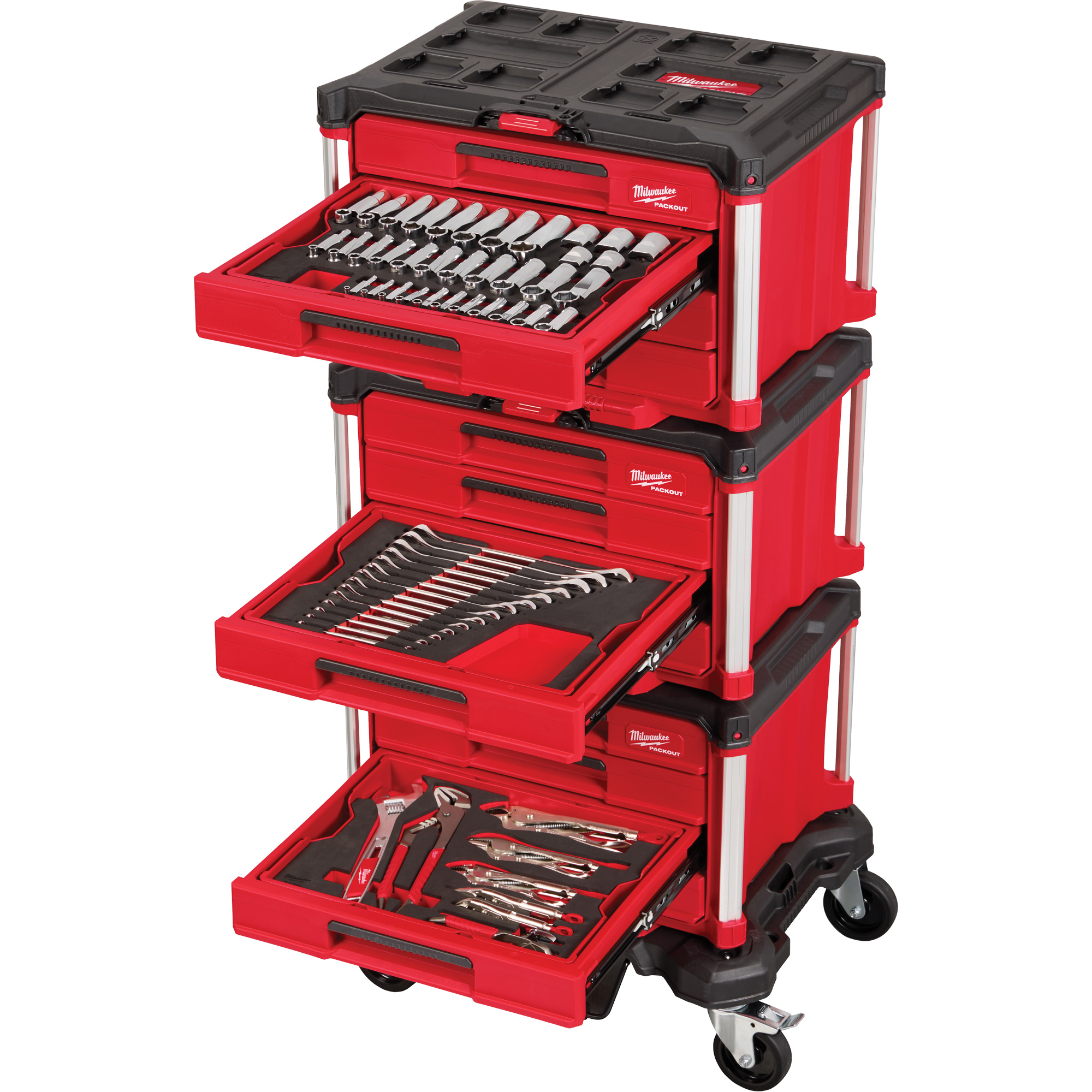 Ensemble maître de 366 outils à main pour mécaniciens avec tiroirs PACKOUTMC et diable, 16-3/10" x 22-1/5" x 48-5/8", Noir/Rouge